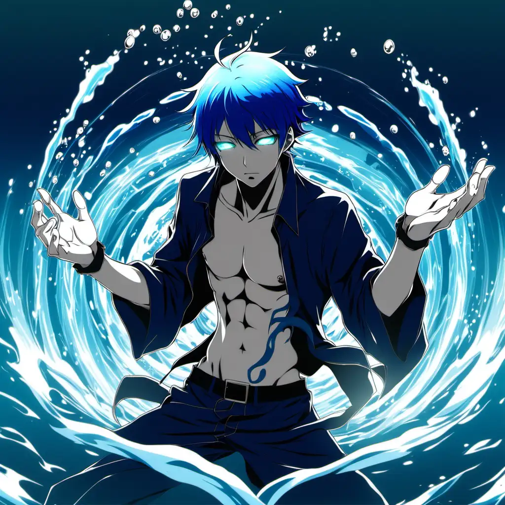 anime guy, sin of gluttony, water magic, blue hair, aura