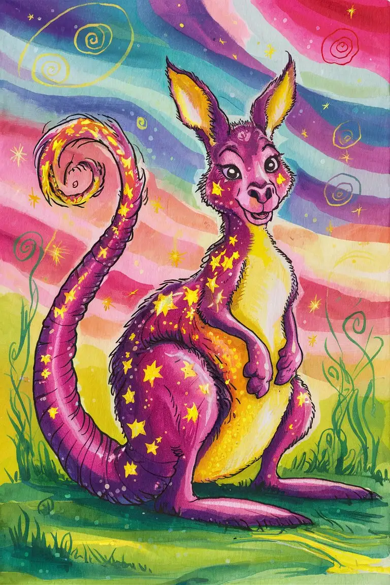 Very detailed kangaroo,colourful,aquarell,fantasy art,funny,cute,glowing,long tail,swirls,stars