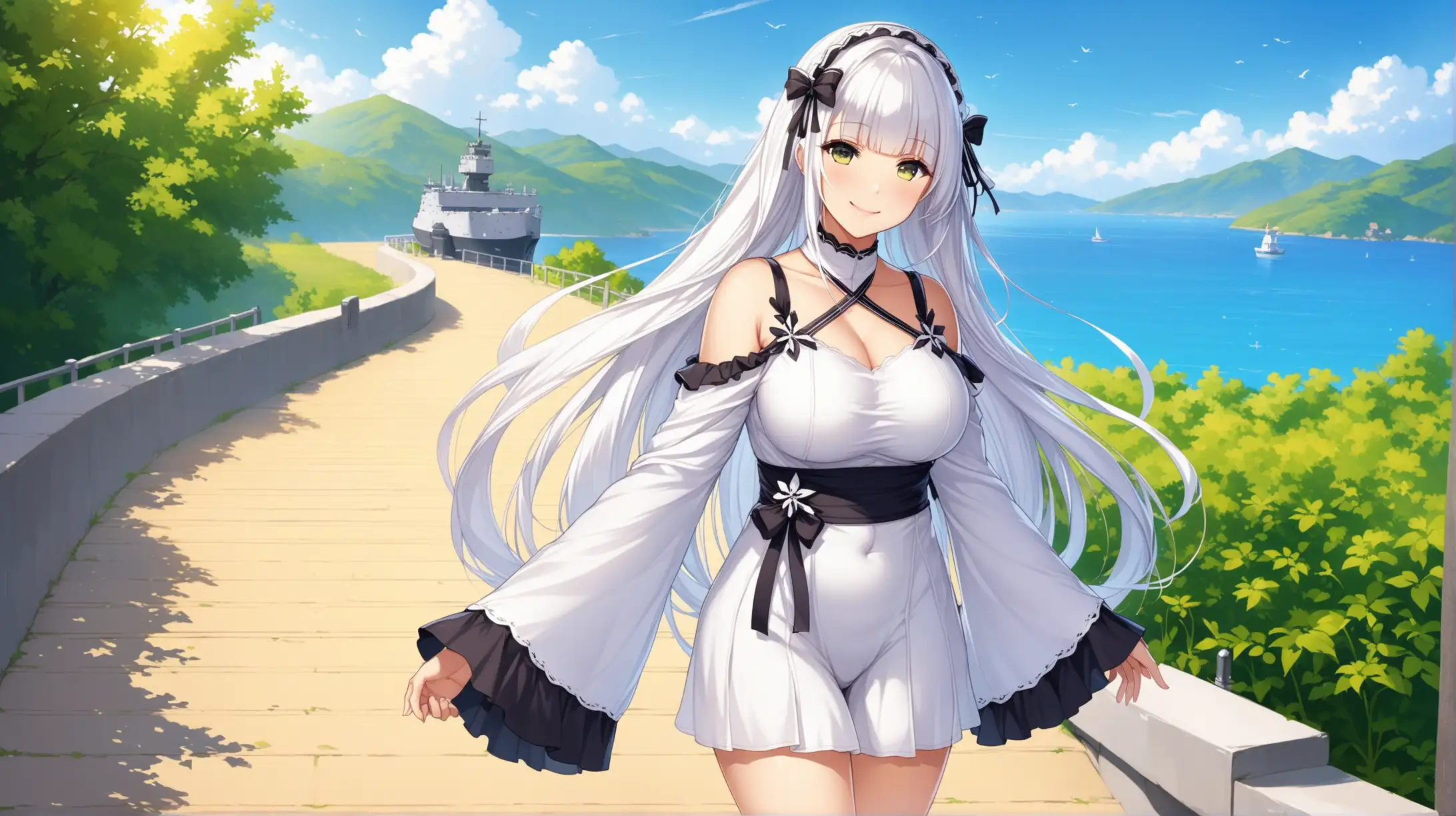 Draw the character Illustrious from Azur Lane, high quality, outdoors, standing in a relaxed pose, medium shot, casual clothing, smiling at the viewer