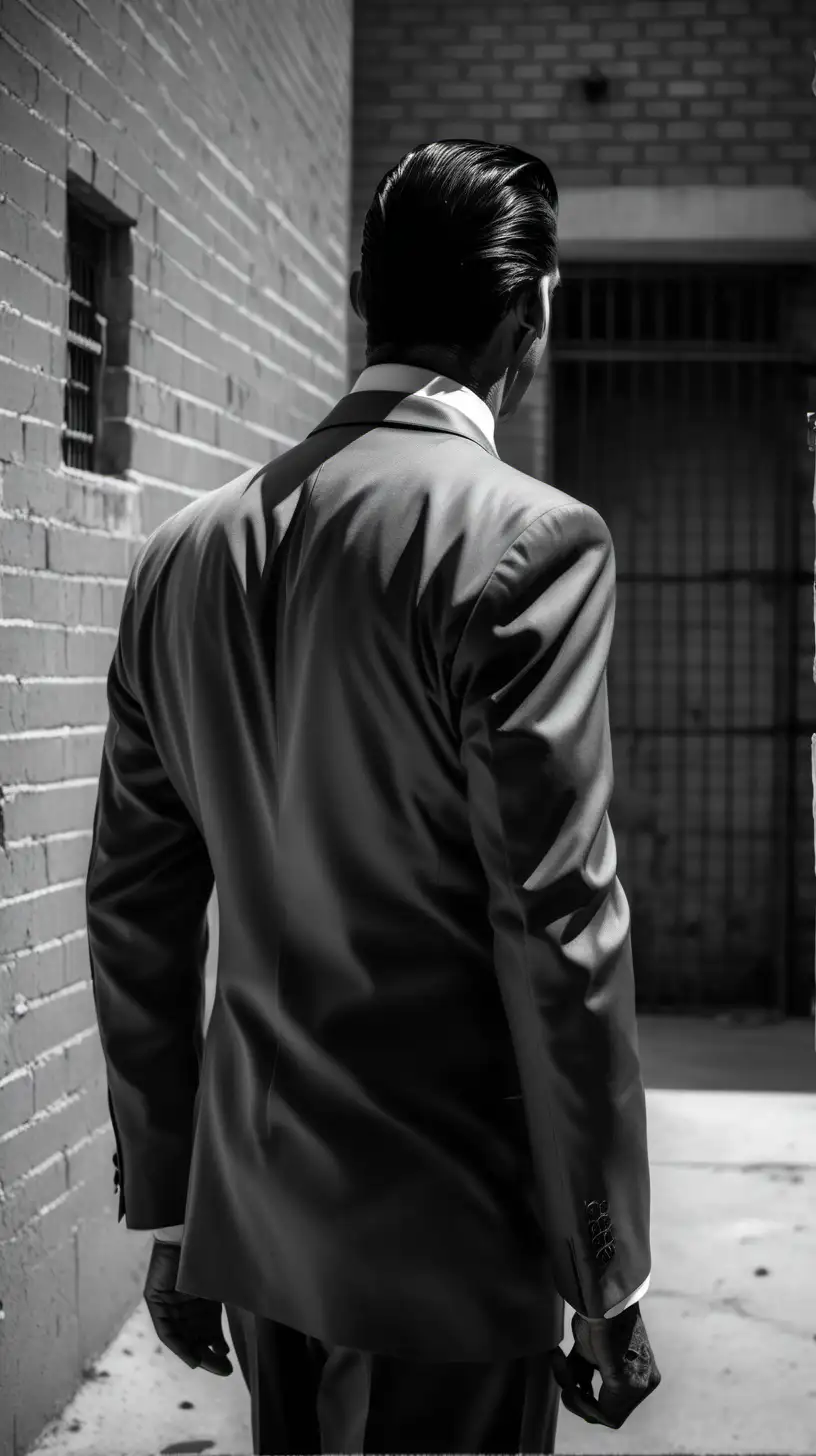 outside a prison gritty black and white man dark slicked back hair wearing a suit with his back to us 

