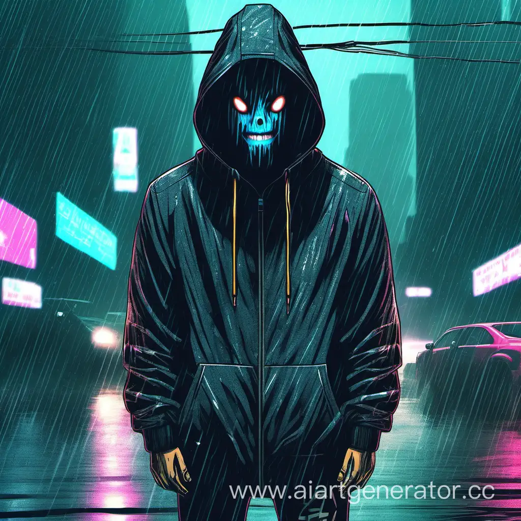 человек в толстовке с капюшоном с лицом монстра на фоне дождя, искусство киберпанка,