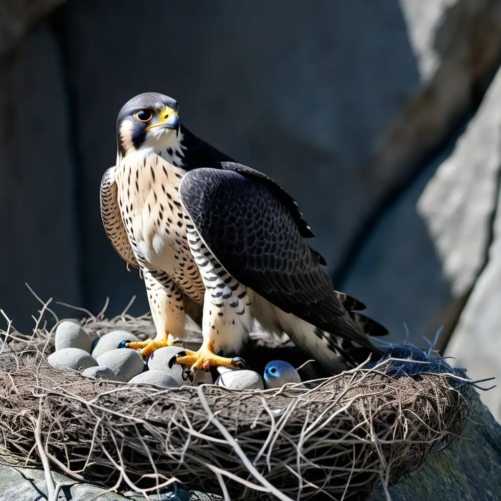 beautiful peregrine falcon, sitting in large nest, nest on grey rocks