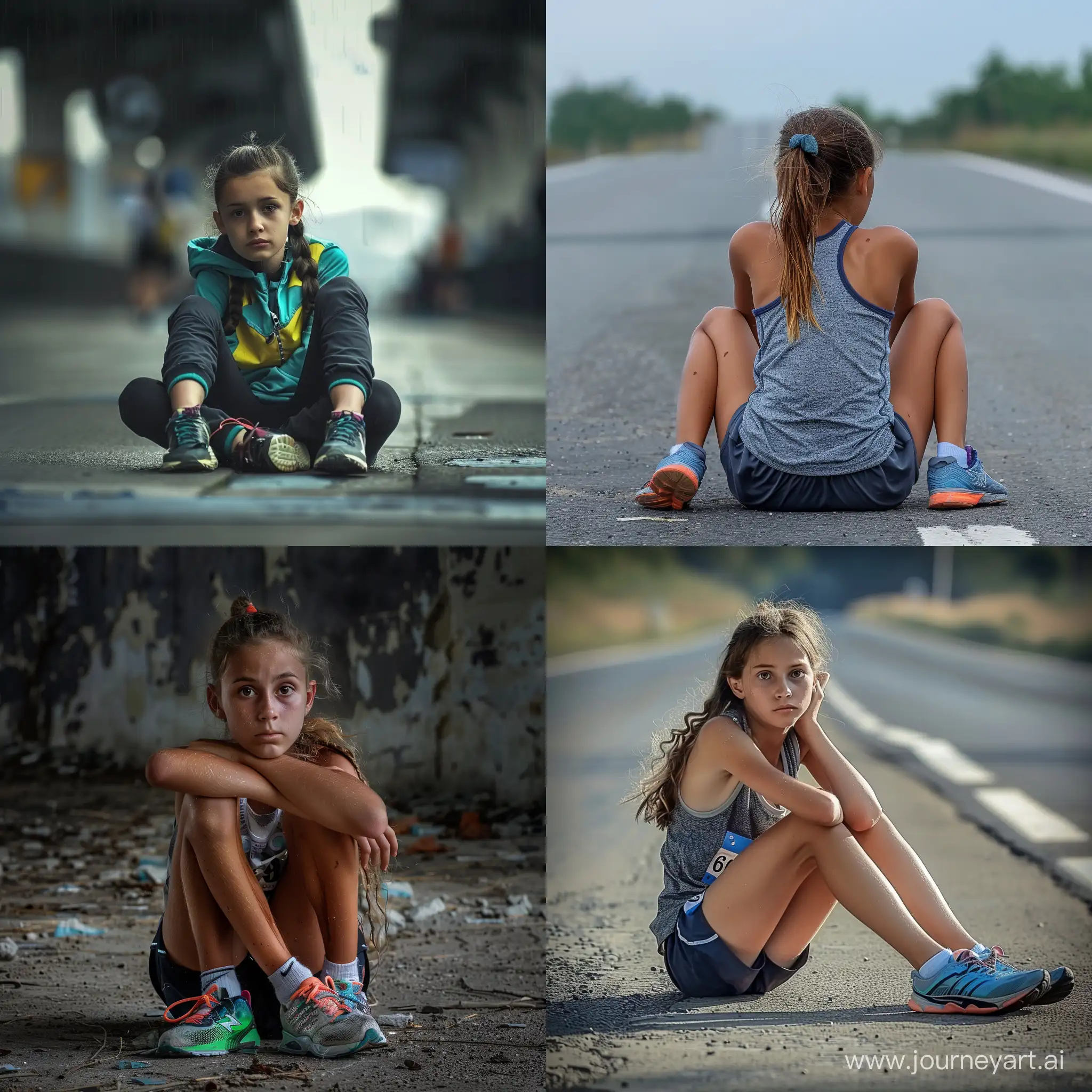 A girl of fourteen yo sitting on the ground exhaustically after finishing marathon of 60 km, photo realistic