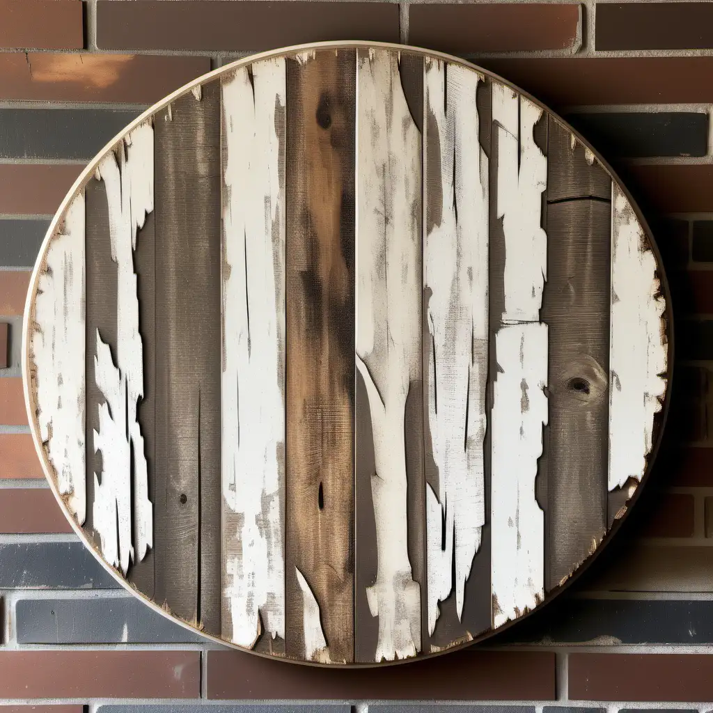  12 INCH DIAMETER IMAGE ON A RUSTIC DISTRESSED AND WEATHERED cream colored vertical wood look that looks torn away from a distressed light brown wood look