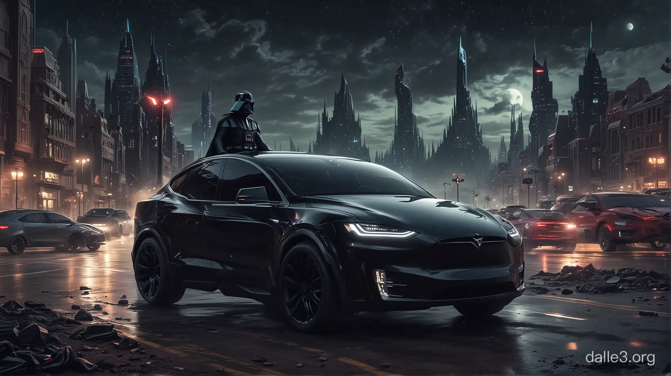 Darth Vader Driving Tesla Model X Through Alien City at Night | Dalle3 AI