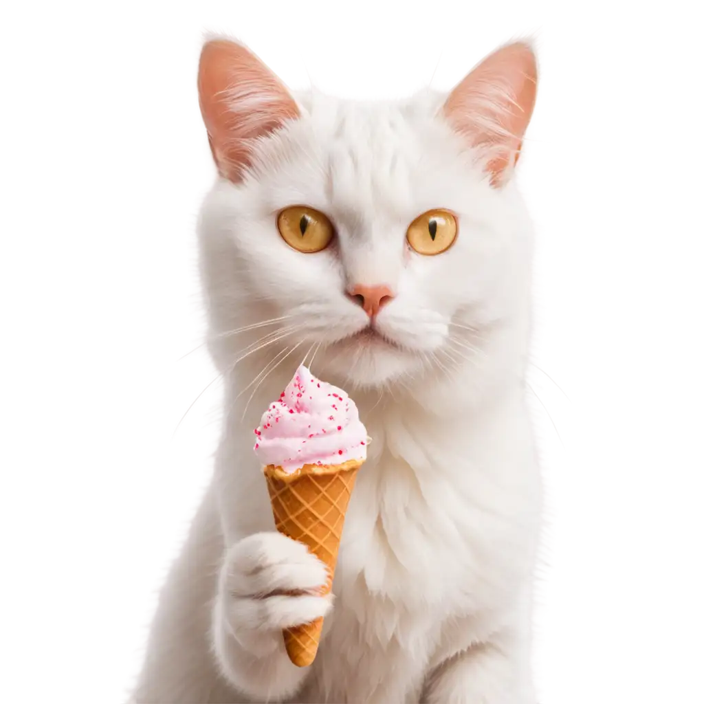 white cat with yellow eyes eats ice cream