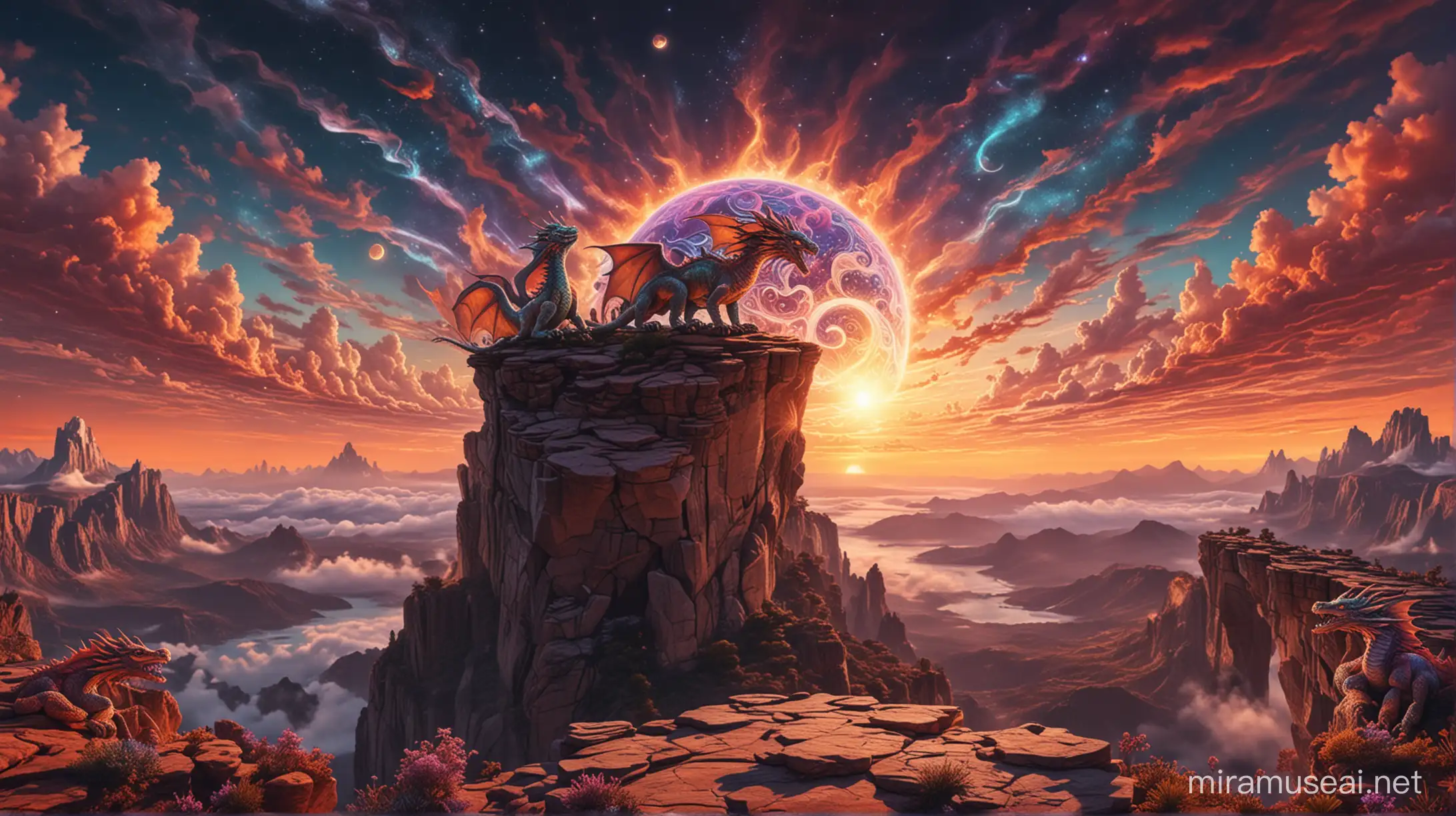 Psychedelic DMT visual on top of a scenic cliff at the edge of the universe at sunset with both the sun and moon visible. The clouds are shaped like dragons