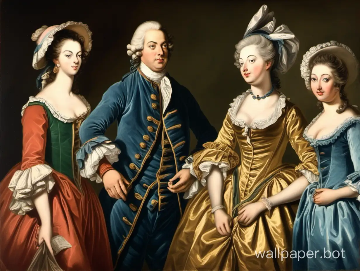 18 век, мужчина стоит с двумя женщинами. Женщины в платьях. Лица без искажений, хорошего качества.