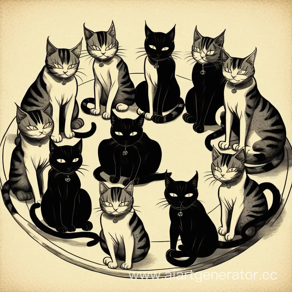 Коты, сидящие в круге, совершающие вызов дьявола