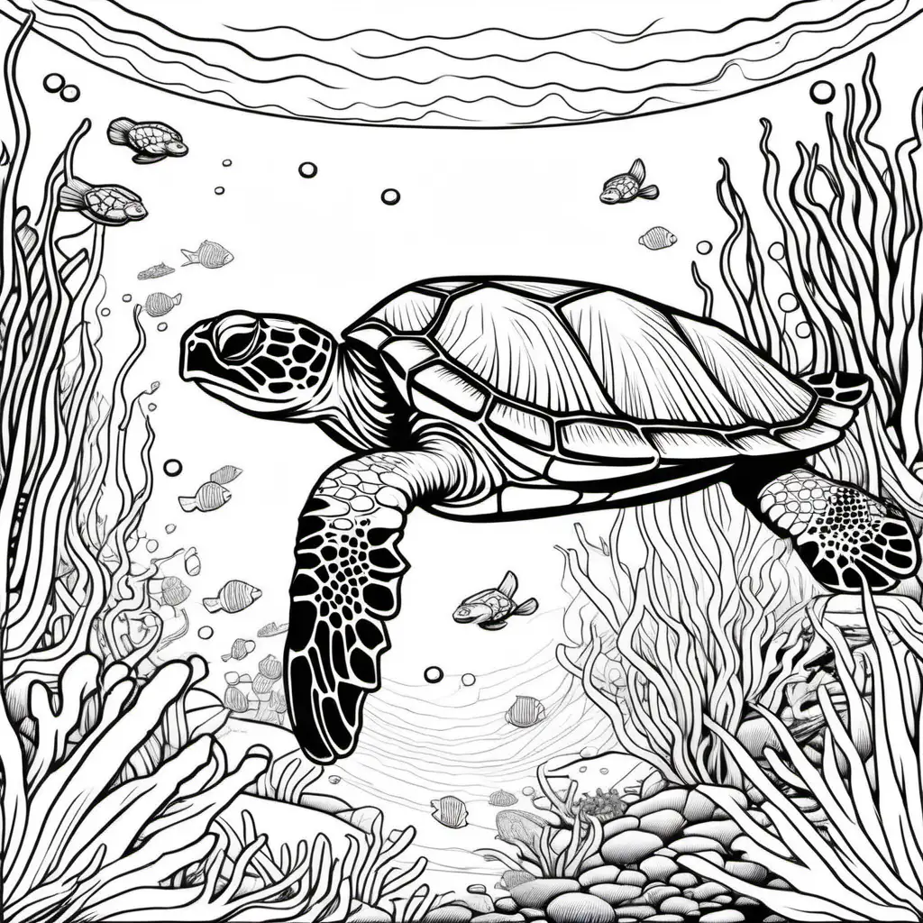 <turtle> kids colouring page, clean line art, under the sea background