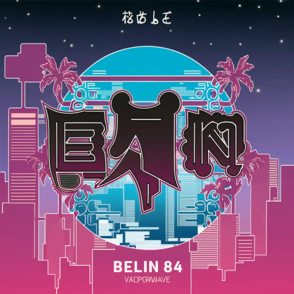 a logo design,with the text "Belin 84", main symbol:Belin 84 text hi tech with kanjis vaporwave
Background: photographic tokyo city pop pagoda cherrys,Moderate,clear background
Belin 84