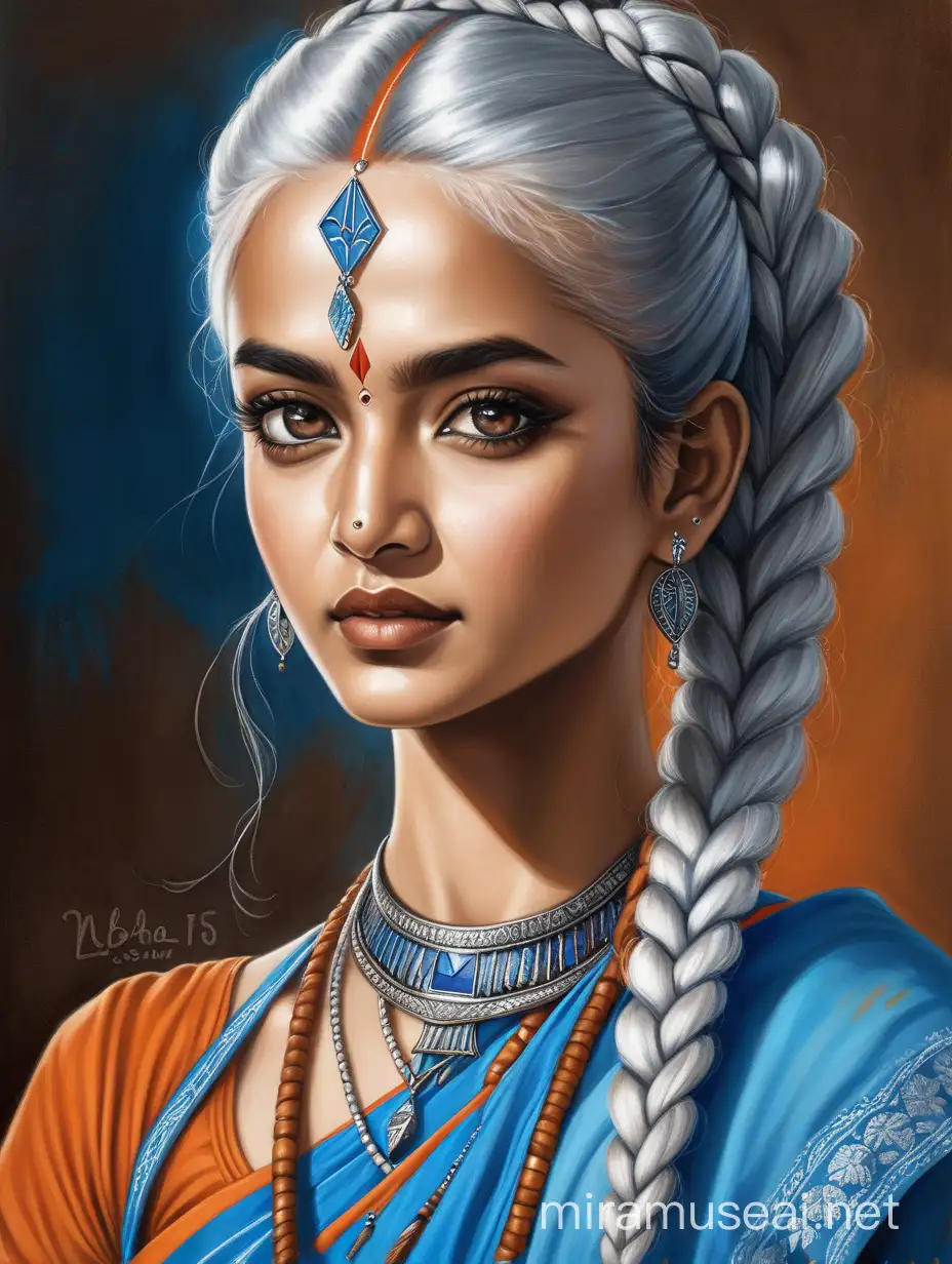 A traditional asian hall background. A close up portrait of a female Air Nomad. She is in her 20s. With white hair in a half up braided hairstyle. With blue eyes and tanned brown skin with blue arrow tattoos. She has the face of the actress Rekha. She is wearing a blue and orange sari and desi jewelries. It's a oil painted portrait.