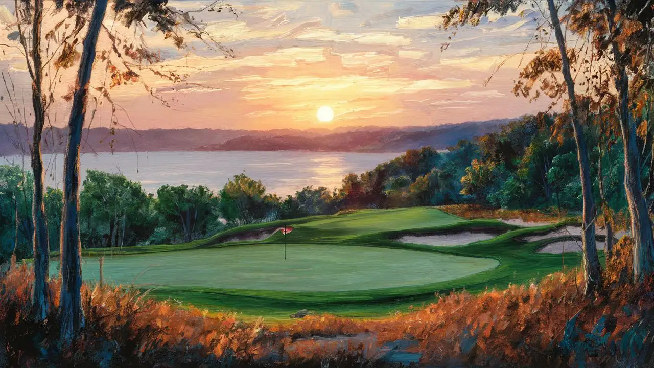 impressionism painting of Jack Nicklaus Top of the Rock Golf Course, overlooking table rock lake, sunset over the horizon