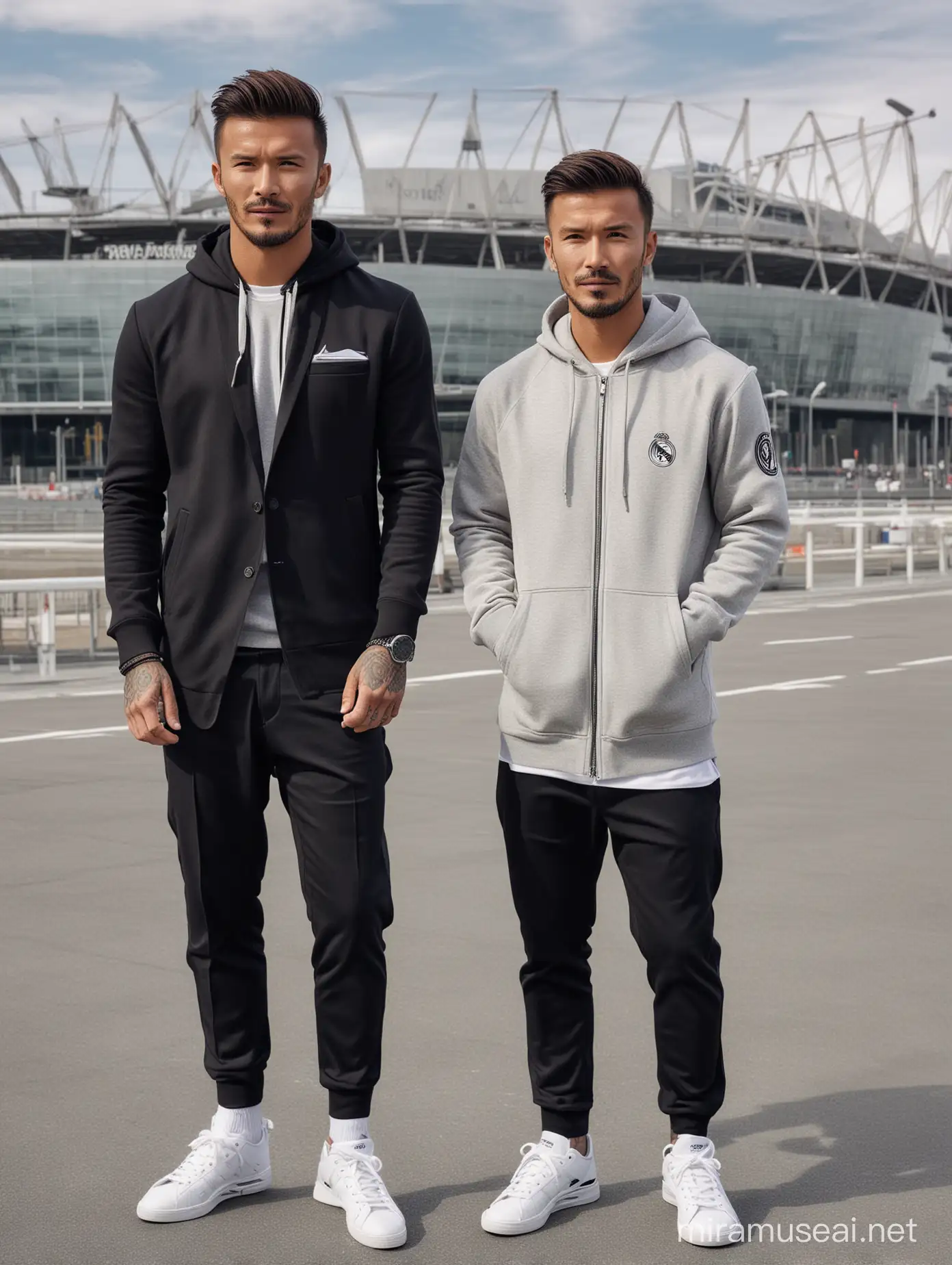 Pria asia berambut pendek memakai hoodie sepatu kets berfoto bersama David Beckham memakai jas, latar belakang stadion real madrid, ultra hd,800 lens,detail