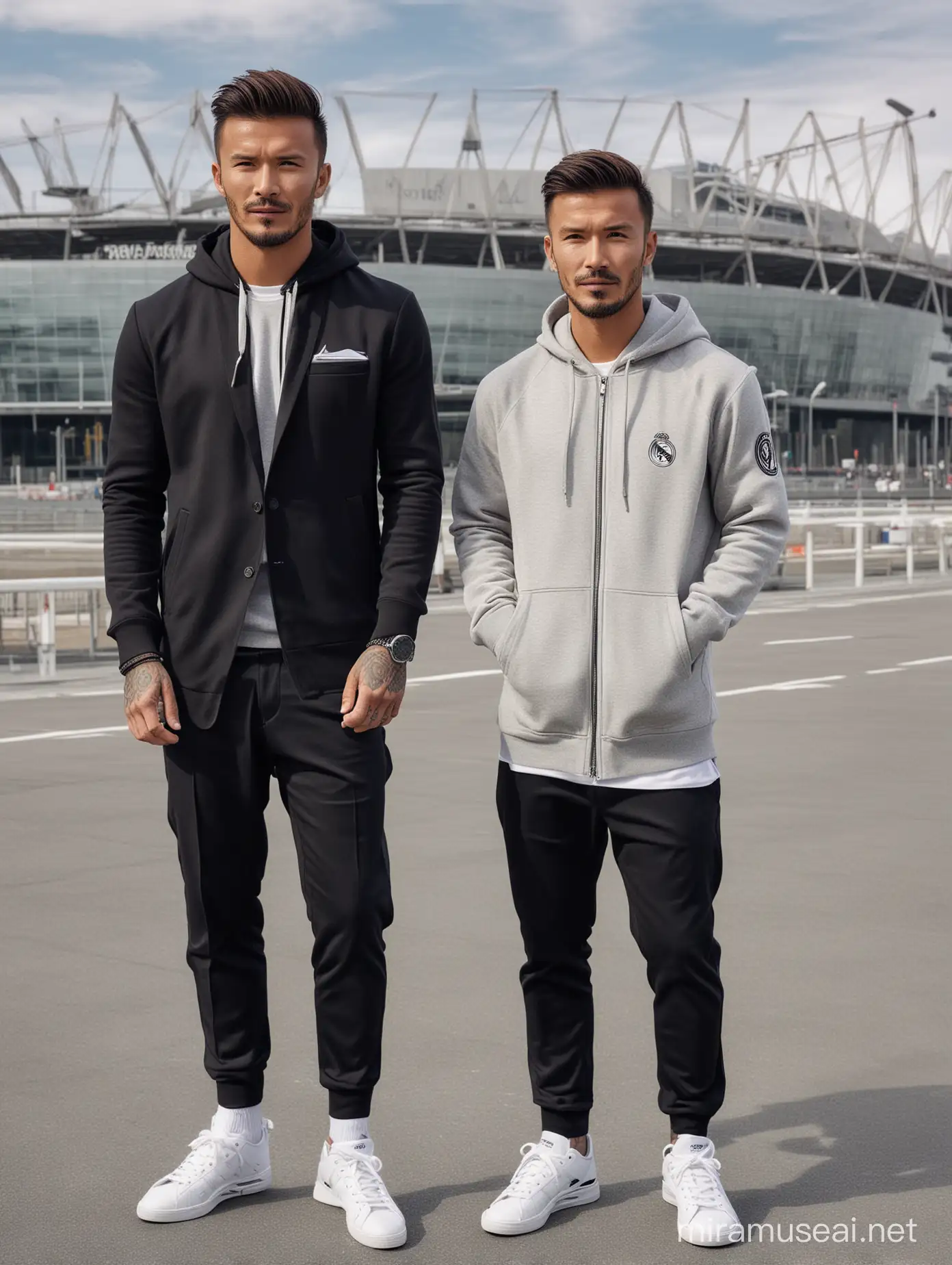 Asian Man in Hoodie and David Beckham at Real Madrid Stadium