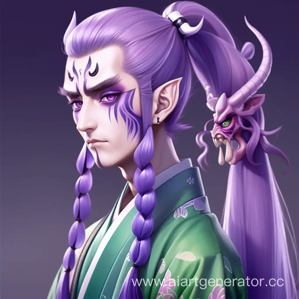 Guy Wisteria Demon, pastel purple skin and purple hair tied into really long ponytail. Narrow compound eyes that have no pupils, only a haze of gradient, purple irises become darker the lower they go. Wears hakama in purple and green shades