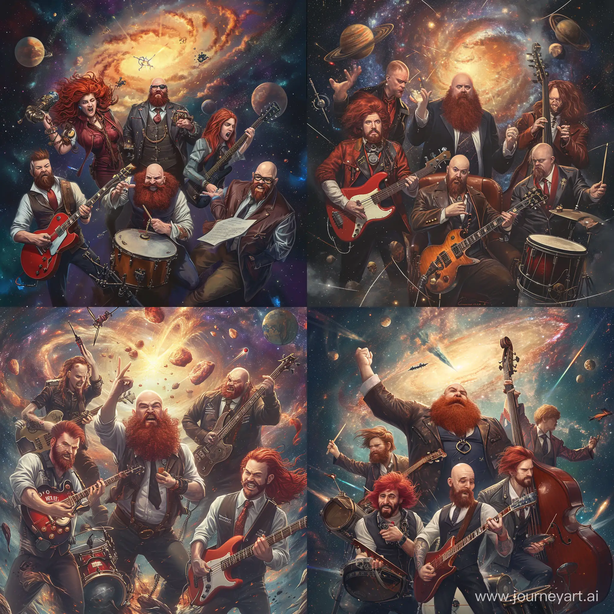 Promo picture of a steam punk cyber space rock band consisting of five guys: red headed guitarst and singer, very big bearded brown haired bassist, bald guitarist without a beard, longhaired drummer with red hair and a big random guy with leather tie and suit making notes. They can be standing in galaxy in the middle of supernova explosion