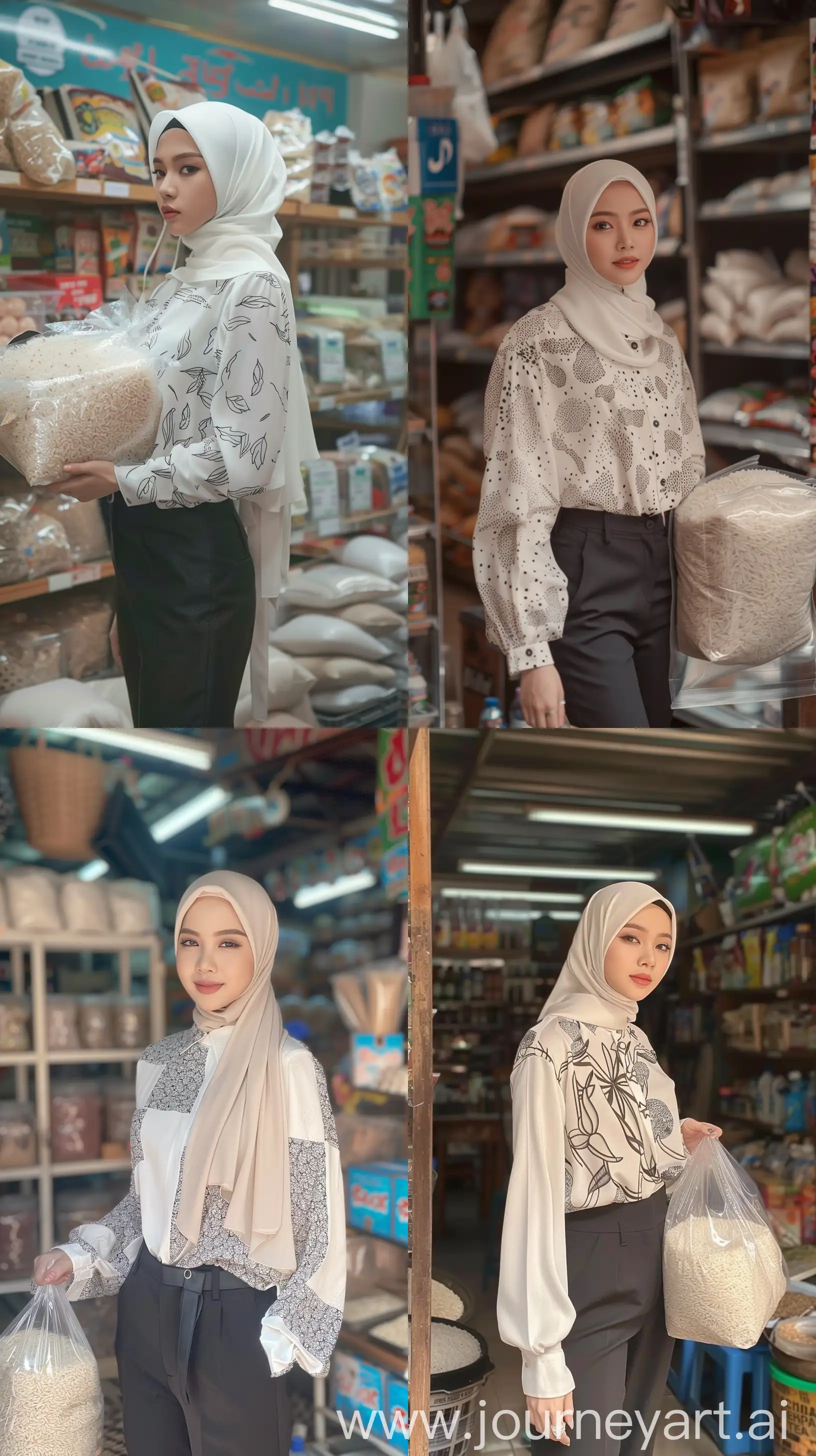 a photo of blackpink's jennie ,in hijab, wearing white oversize motived blouse and black oversize suit pants profile standing, carrying rice in transparent square plastic bag packaging ,elegant girl, indonesian shop background --ar 9:16