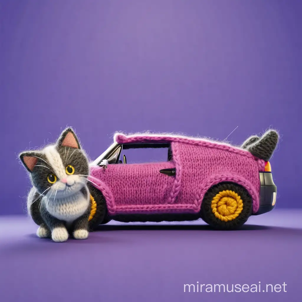 Make the body of the car in knitted wool, don't change the cat, and don't change the carphoto realistic. 4k 