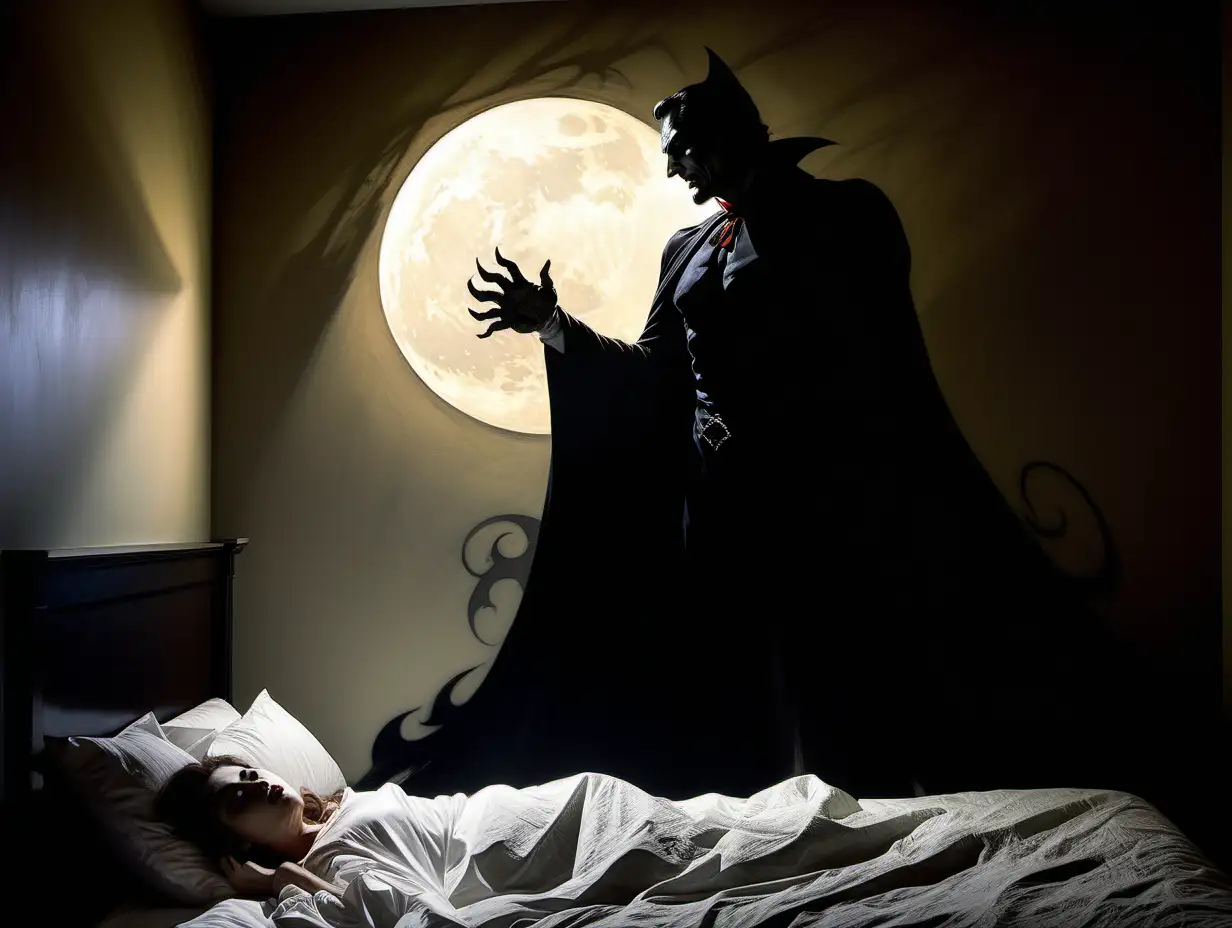 dracula's shadow on the bedroom wall of a woman sleeping in bed
Frank Frazetta style