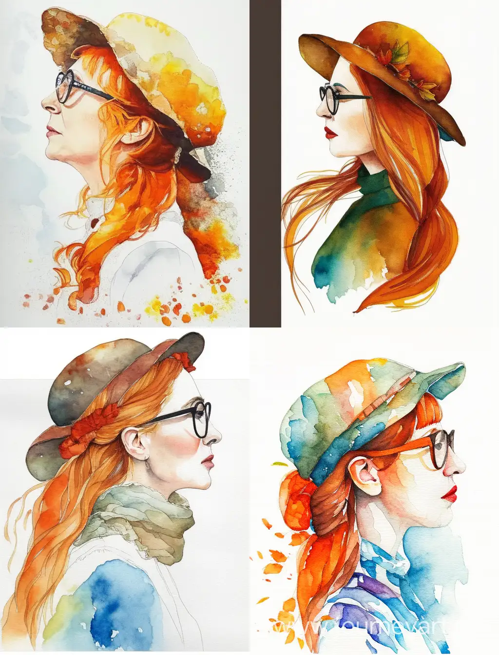 white background looking to the side beautiful character design, double exposure shot, front profile <young woman with long luscious orange hair, dark orange scarf, dark brown hat, round glasses with thin brown rim>, beautiful hair and confident, insanely detailed and intricate, elegant, watercolor, cinematic, portrait, raphaelite, headroom, pierre-auguste renoir