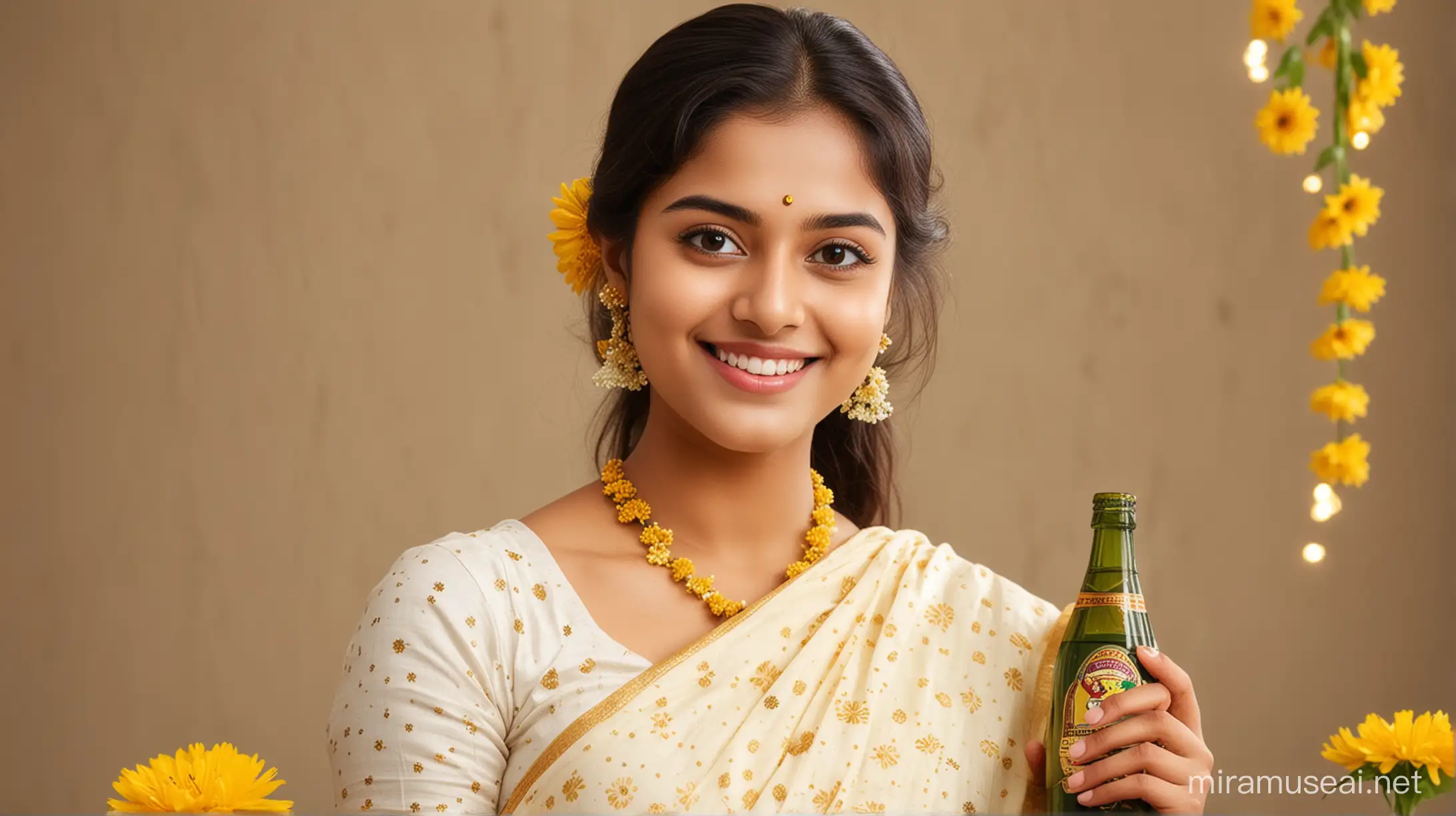 Beautiful Kerala Girl Holding Bottle in Traditional Saree with Sparkling Floral Background