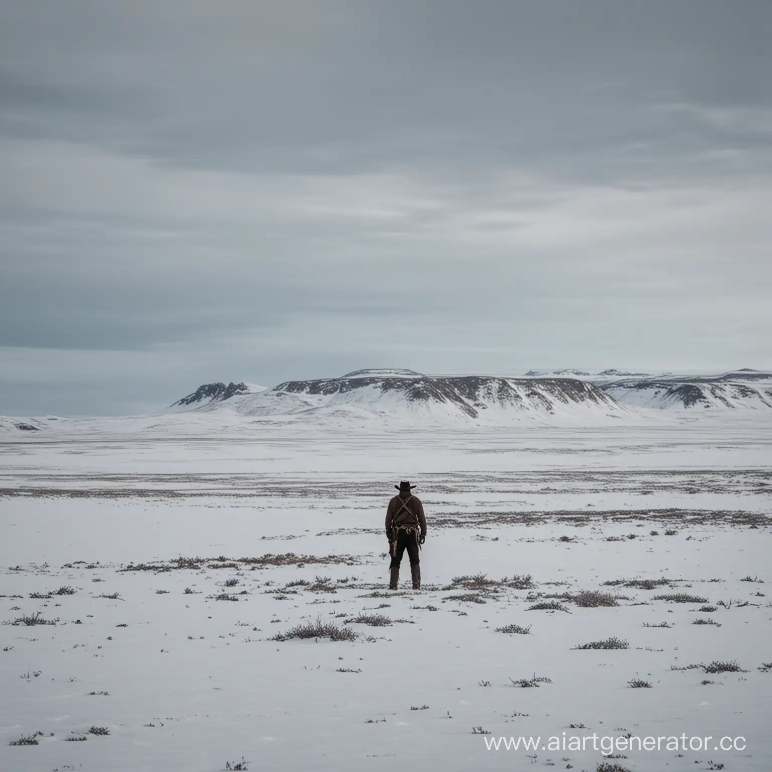 Ковбой стоит посреди арктической пустыни 
