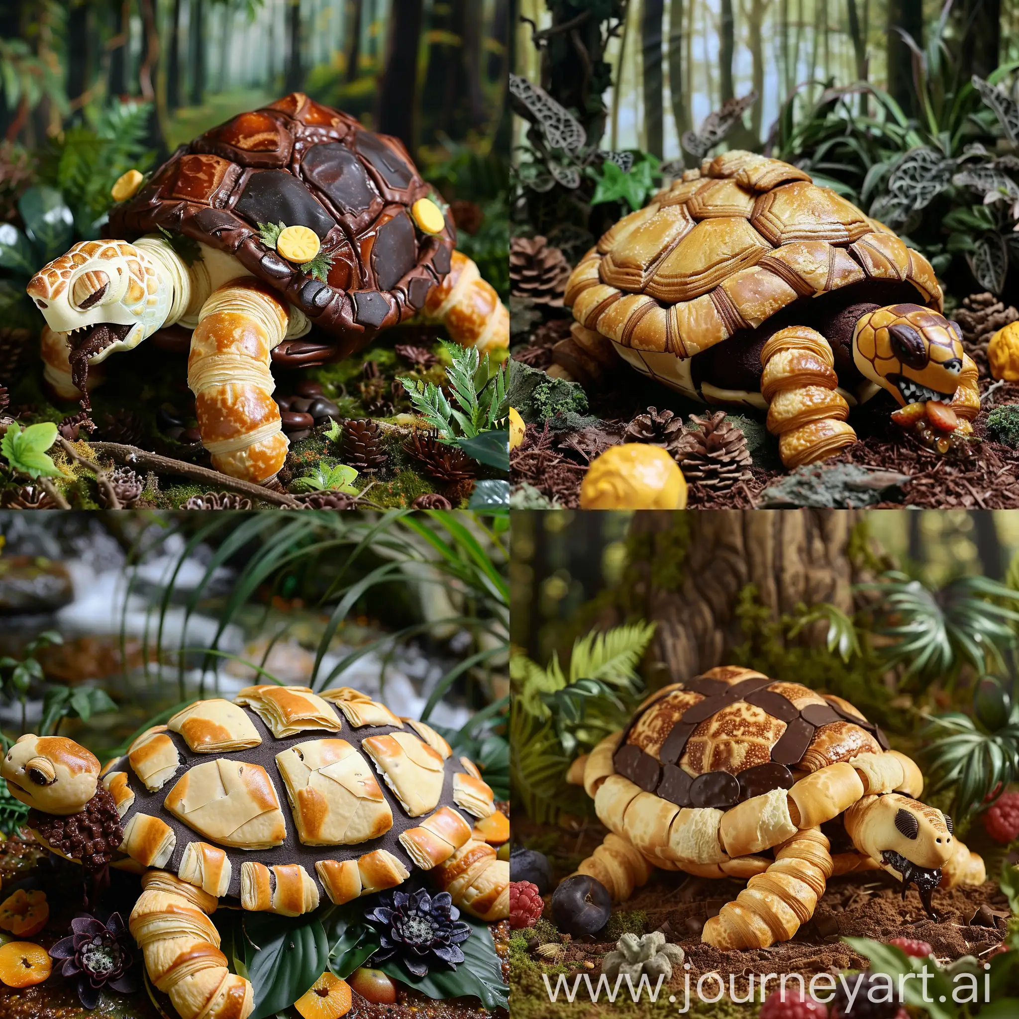 A realistic turtle with skin and shell made of croissants, eating chocolate fruit in french setting reminiscing of jurassic park