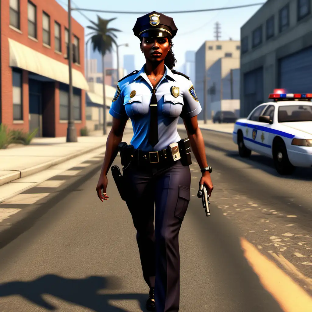 Confident African American Police Officer Striding in a SemiRealistic Grand Theft Auto Scene