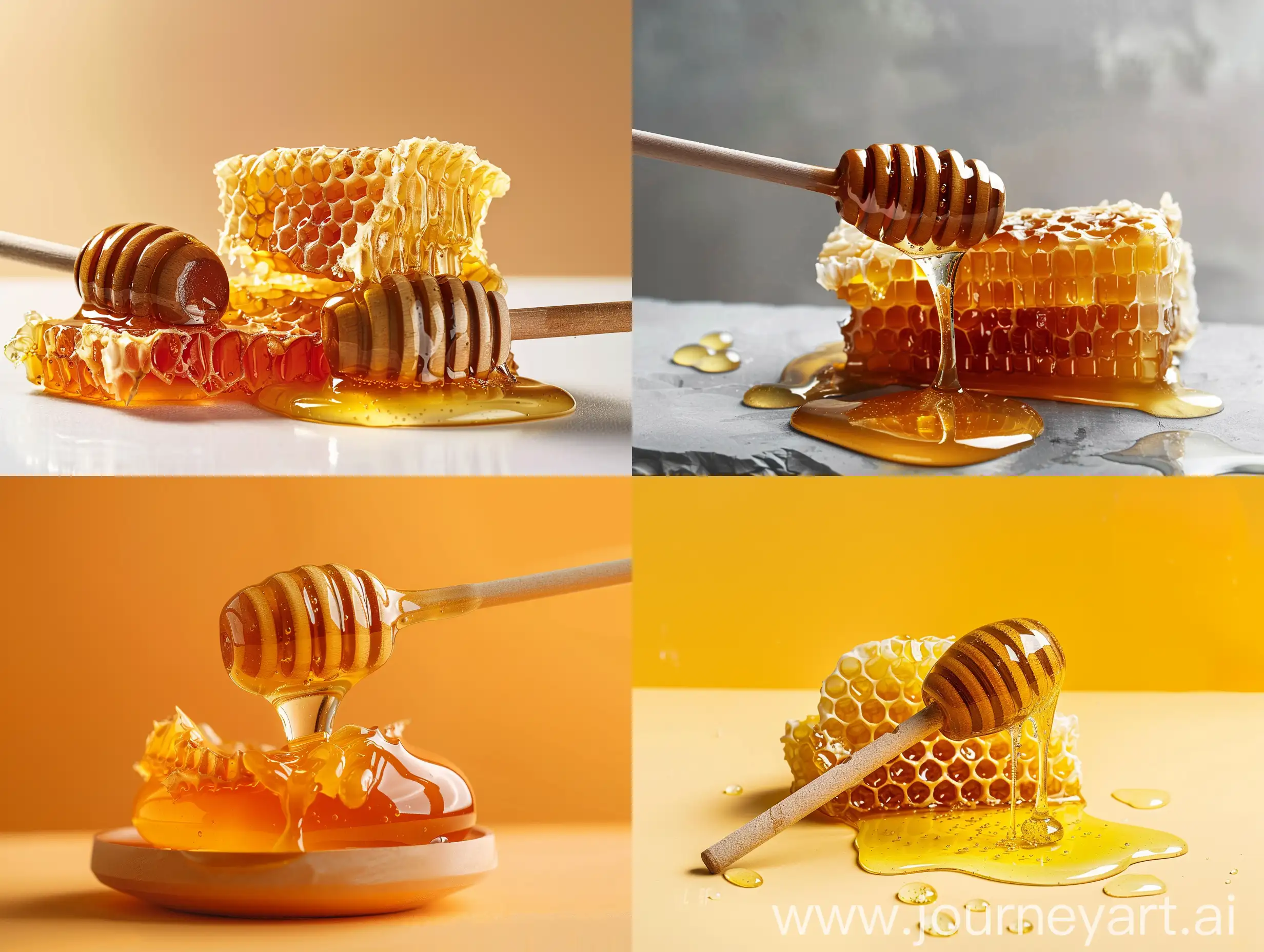 Studio photography of honey and wax with a single color background