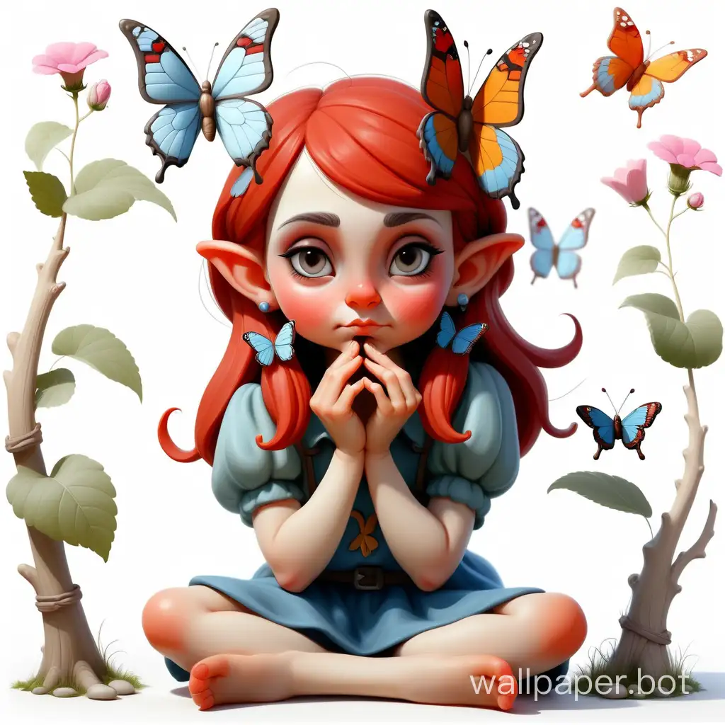 charming gnome girl. sits with crossed legs. beautiful hands. 5 fingers. a butterfly sits on the nose. in the frame entirely. clarity and quality. white background