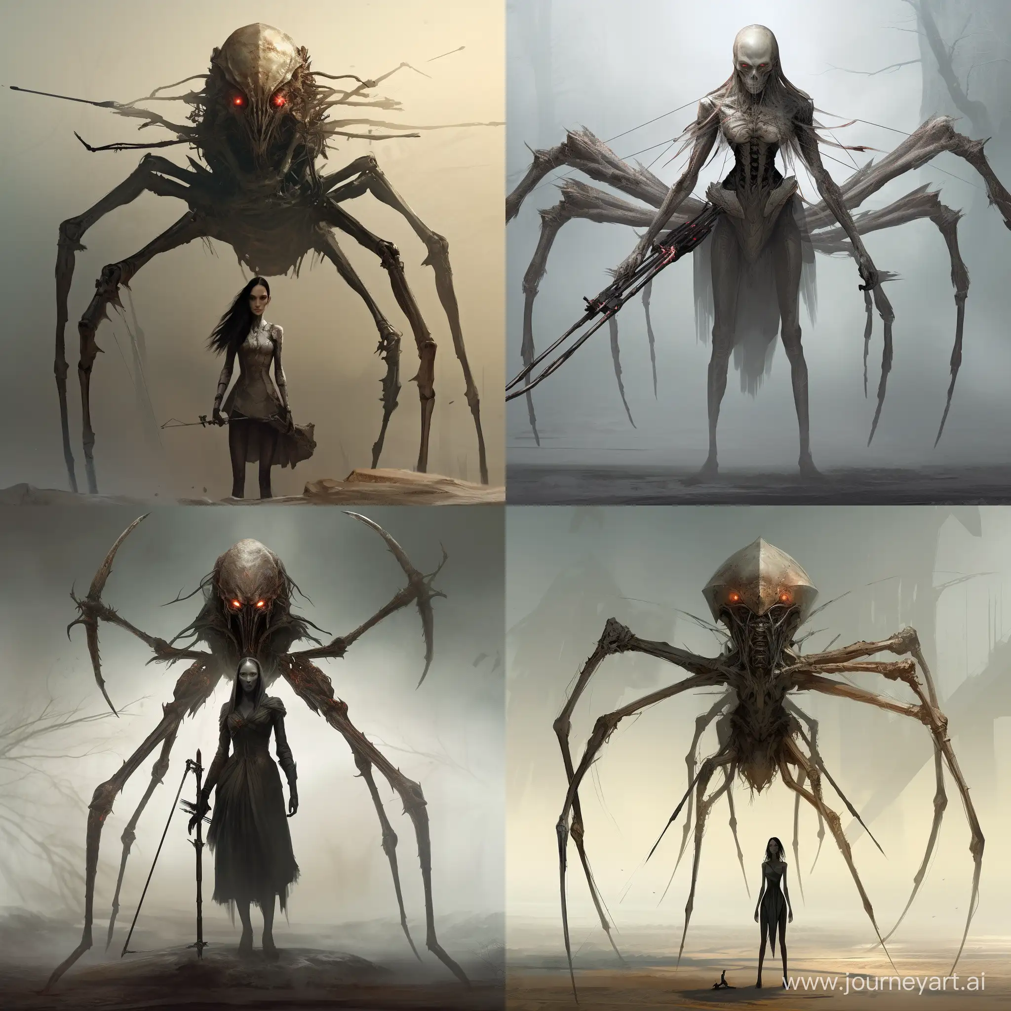 a half-human, half-spider. The top of a man, the bottom of 8 legs with a spider's ass. With a human face but 4 eyes and mandibles. Height 190 cm. The gender is female. With a crossbow