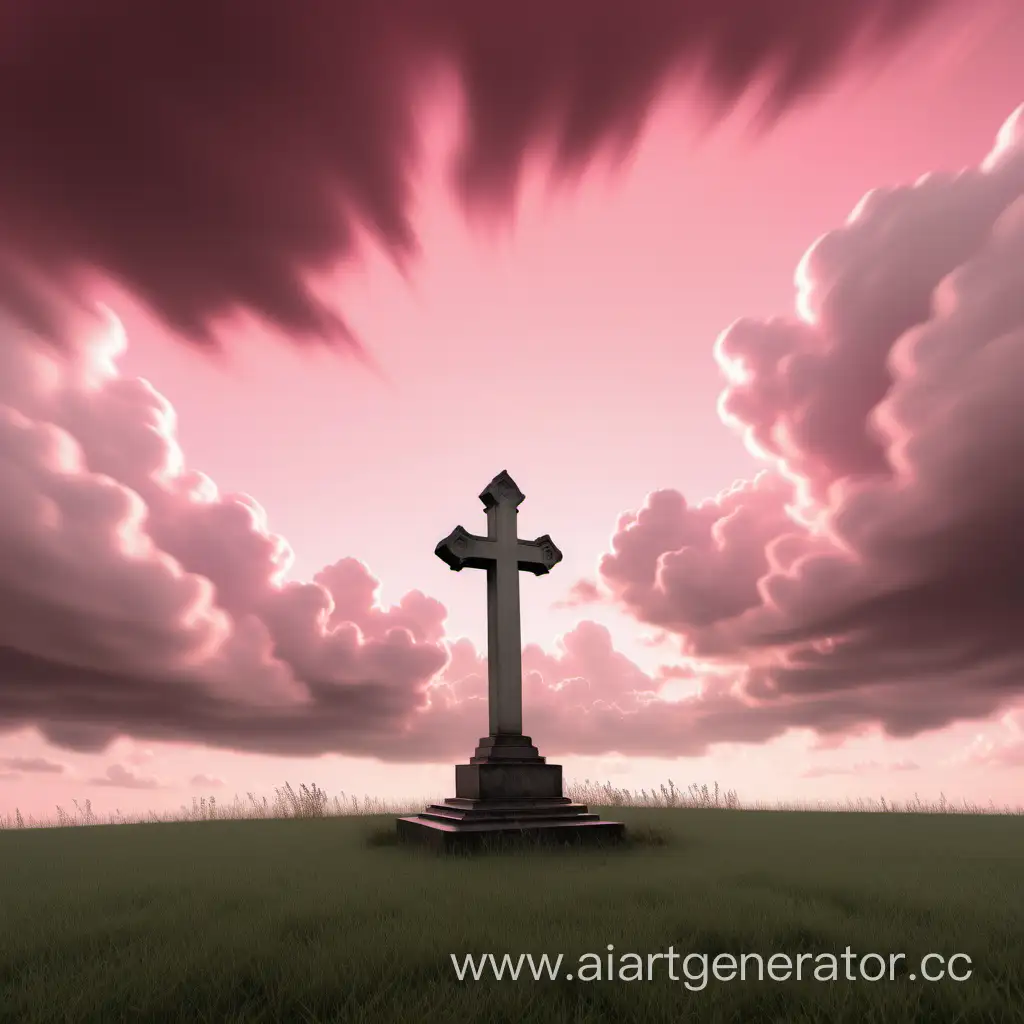 Белый одиночный  крест могильный маленький на дальнем плане в поле на фоне розовых облаков в стиле эдвина черна
