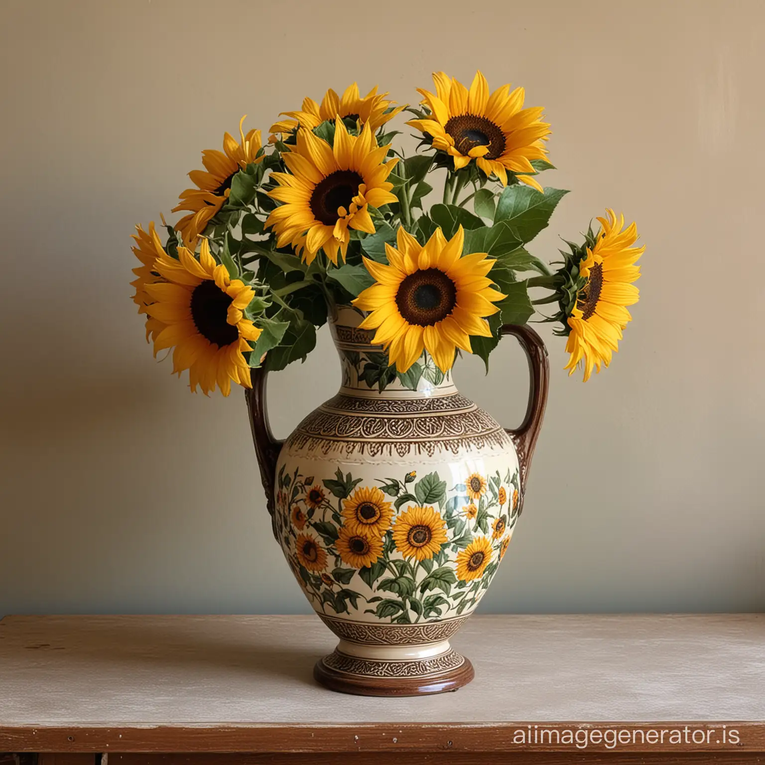 Vintage-Vase-Adorned-with-Vibrant-Sunflowers