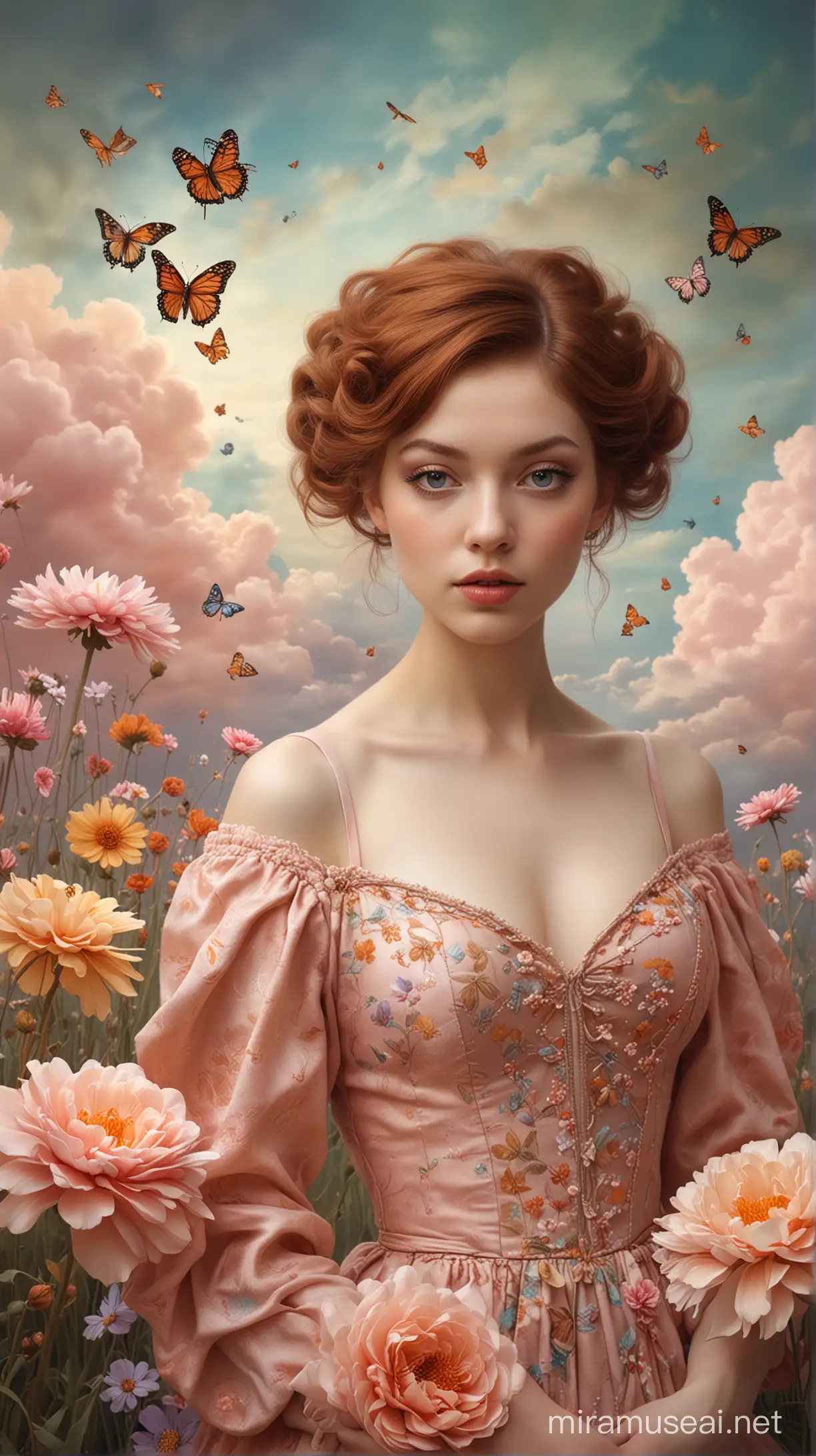 An exquisite watercolor painting of a young woman with a striking brown pixie haircut, immersed in a surreal and dreamlike landscape. The ethereal setting features pastel-hued clouds, floating flowers, and butterflies, creating a captivating and otherworldly atmosphere. The woman, embodying grace and elegance, blends seamlessly into the dreamlike surroundings. This mesmerizing masterpiece, inspired by the artistic styles of Anne Bachelier and Nicoletta Ceccoli, is a testament to the extraordinary talent of artist Paola Salomé. The vibrant colors, cinematic composition, and conceptual elements transport the viewer into a world of enchantment, serenity, and fantasy., portrait photography, conceptual art, vibrant, photo, fashion, cinematic