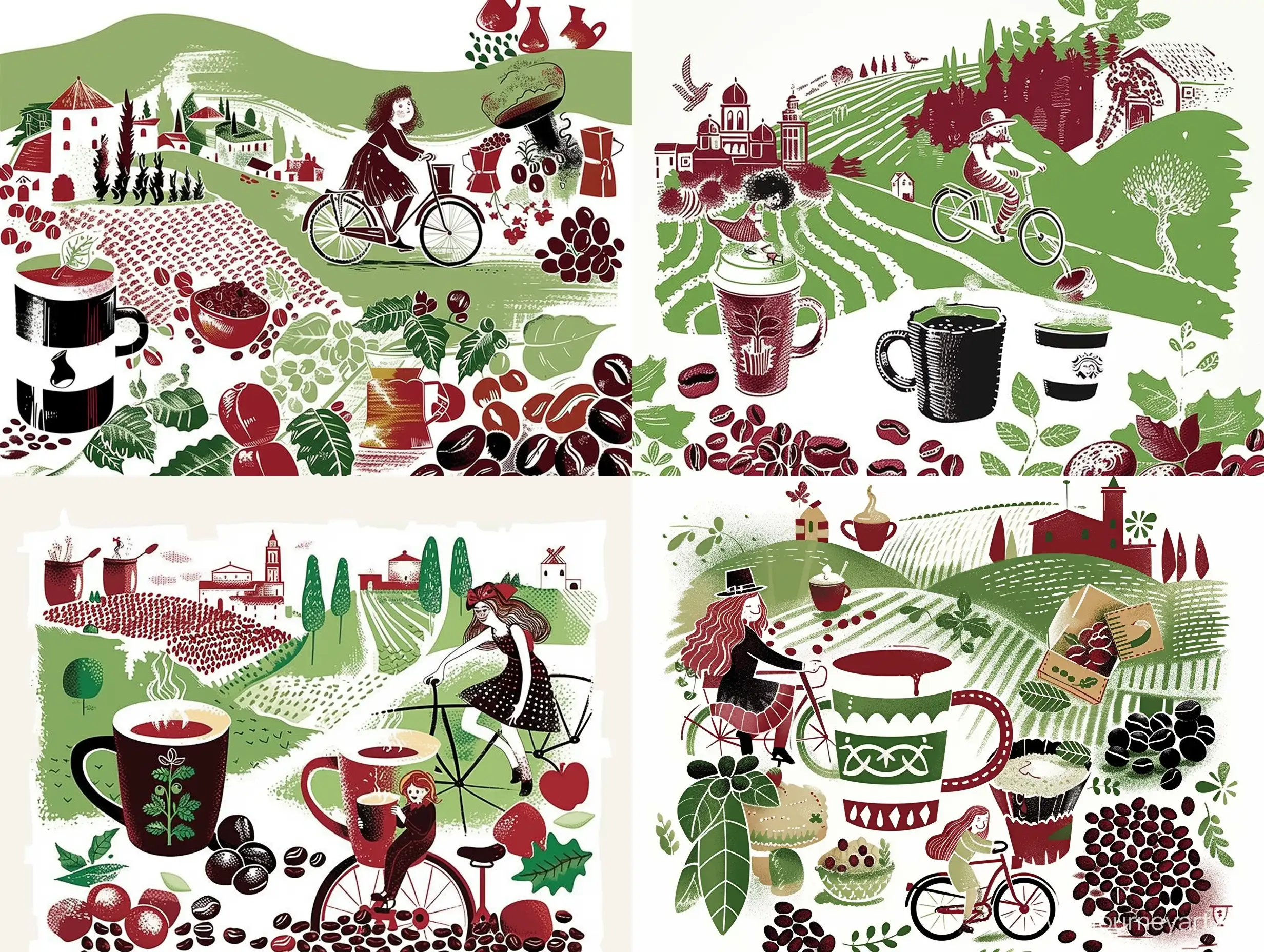 Иллюстрация в стиле авангард кофе, чашка кофе, девушка велосипеде, кружка кофе, зерна кофе, символы Италии, природа Италии в красном, зеленом и белом цветах, сверху иллюстрации белое однотонное пустое поле - sref https://i.pinimg.com/564x/6b/94/d1/6b94d172e0e340504c4207171d194e1f.jpg