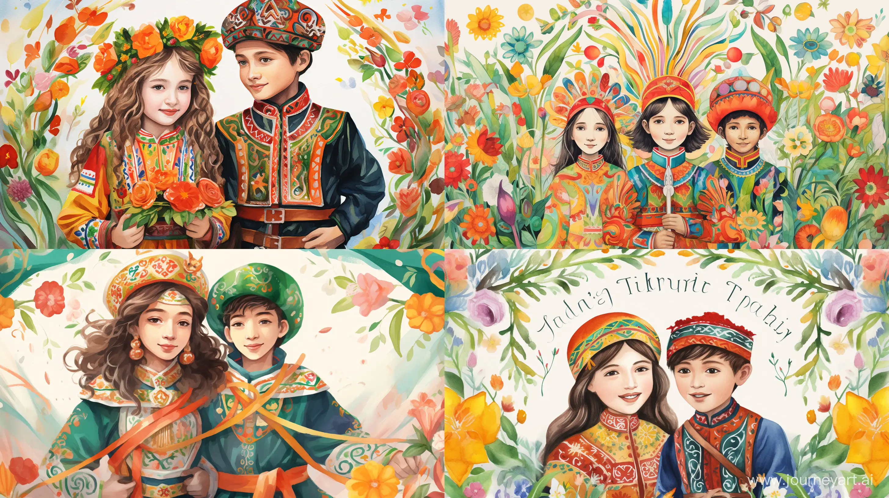 A lively Instagram post for a children's school celebrating the Amazigh New Year 2974, featuring joyful children wearing traditional Amazigh clothing, holding colorful banners with Amazigh symbols, surrounded by vibrant flowers and greenery, Illustration, watercolor painting, --ar 16:9