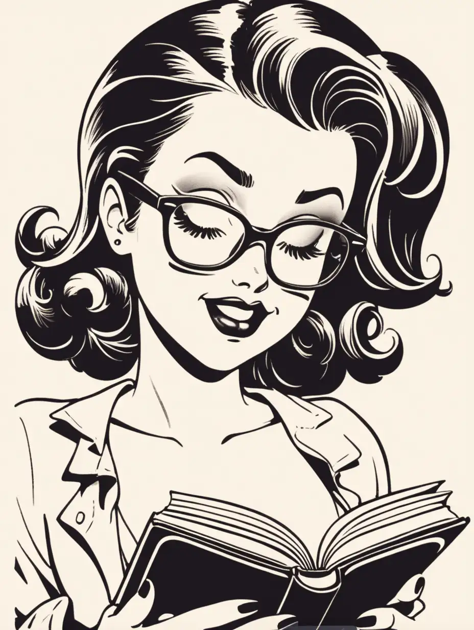 cartoon, pinup girl in glasses reading a book, 
