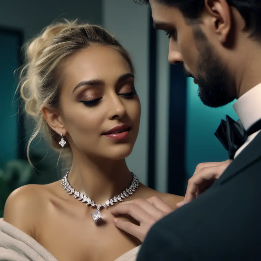 A romance you tube thumbnail with a beautiful woman and a man putting a diamond necklace on her neck  4k- -ar 16:9 