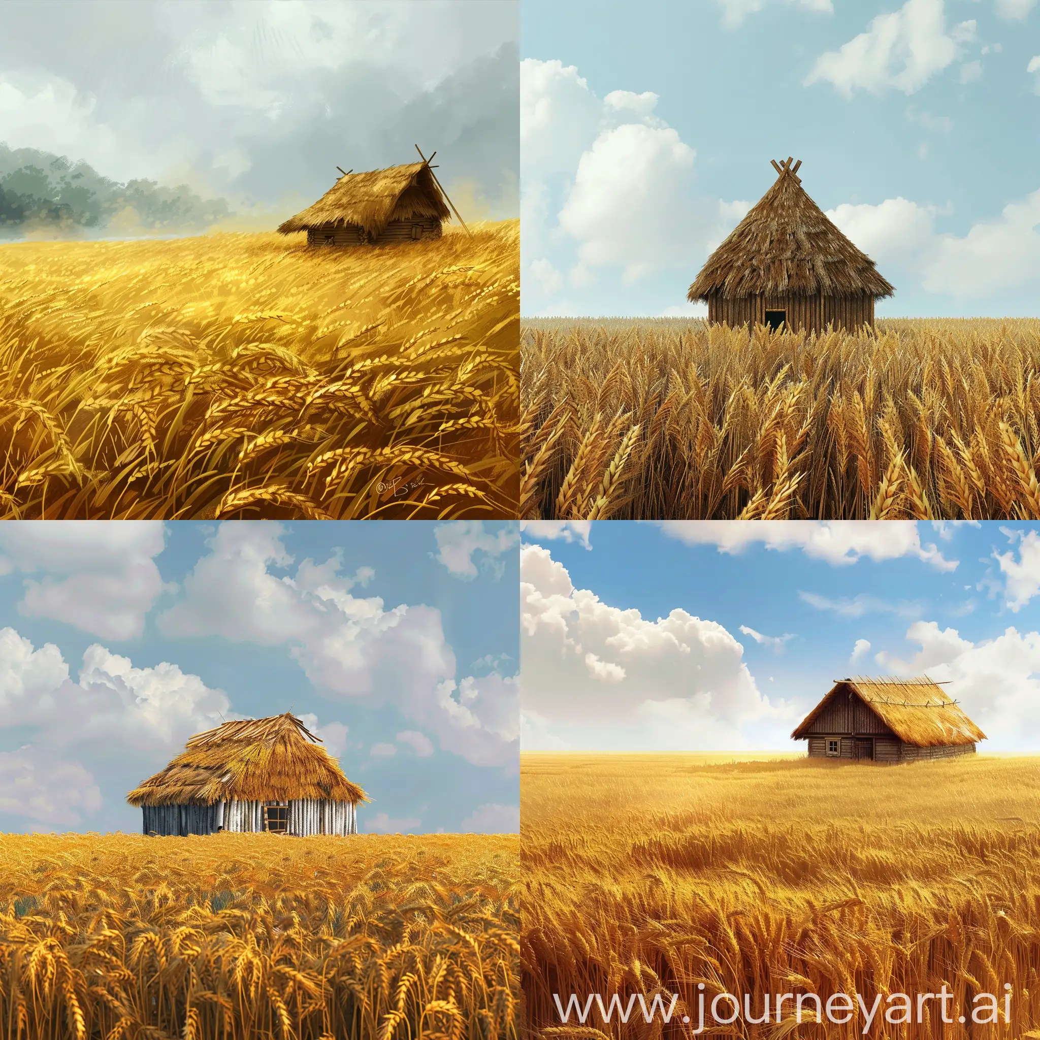 an story named "the straw bride". a simple hut surrounded by a wheat field, digital art