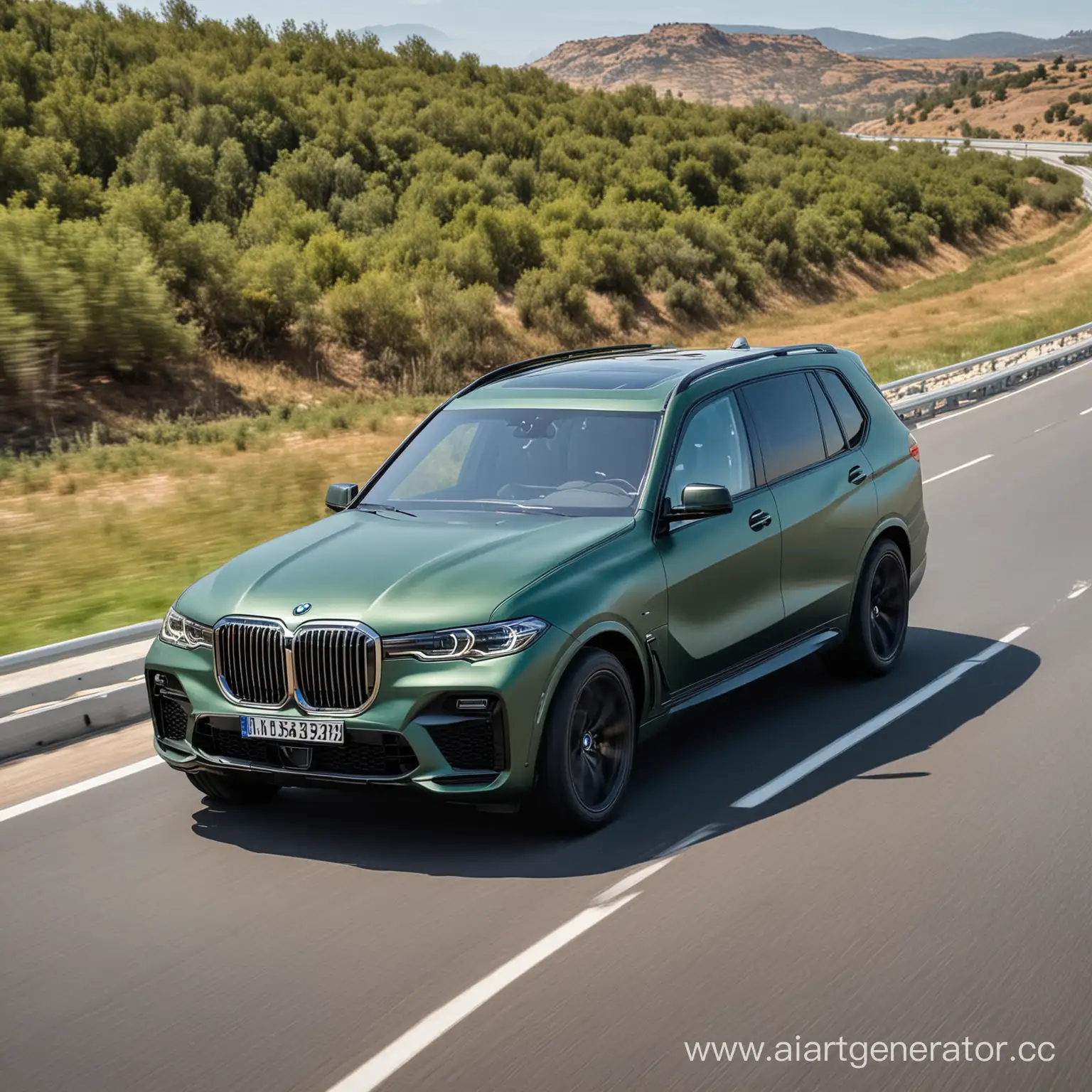 Матовый изумрудный bmw x7 едет по трассе