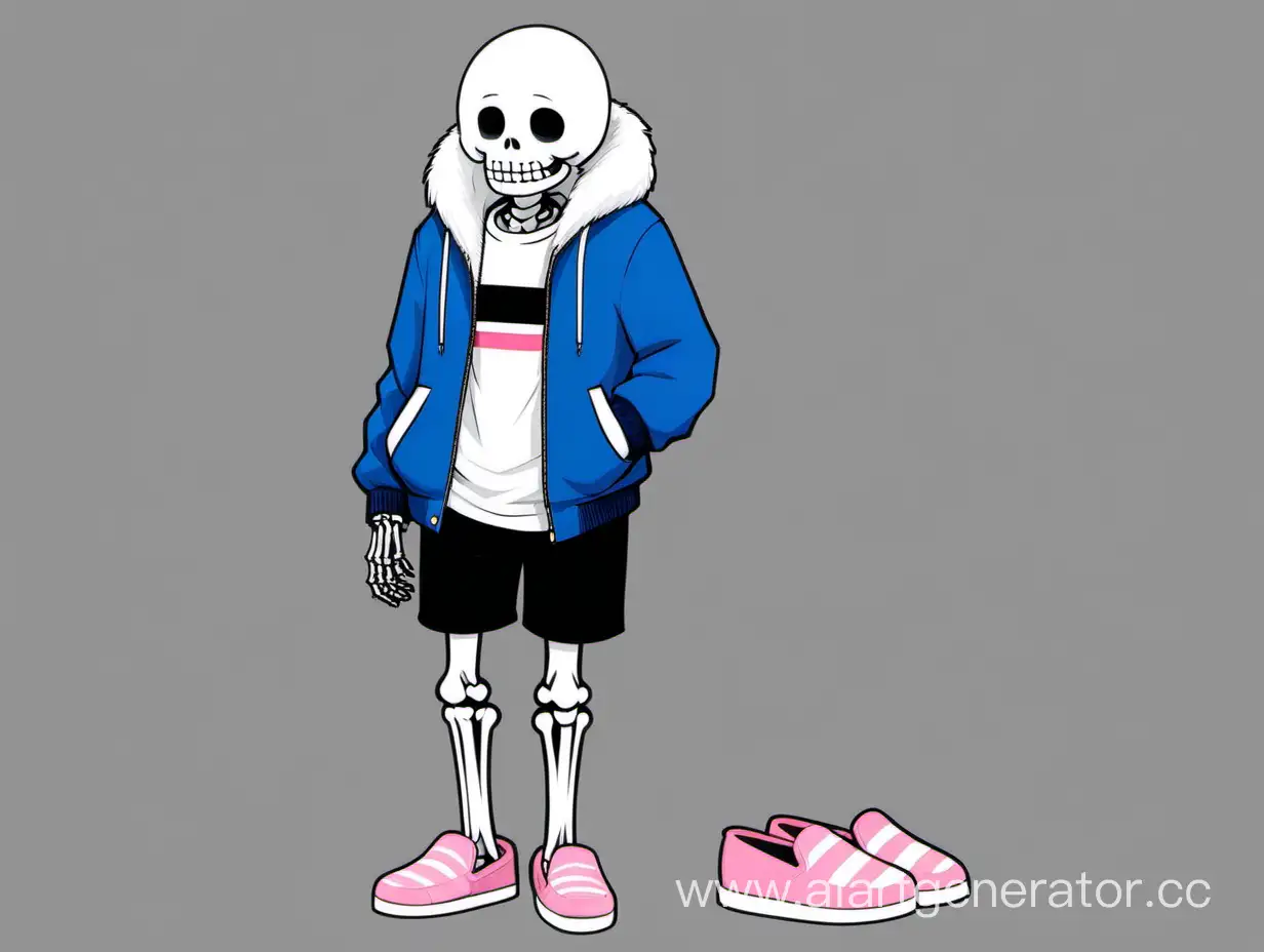 санс скелет в синей куртке, чёрных шортах с вертикальной полоской и розовых тапочках, undertale в белой футболке, с белым мехом на копюшоне
