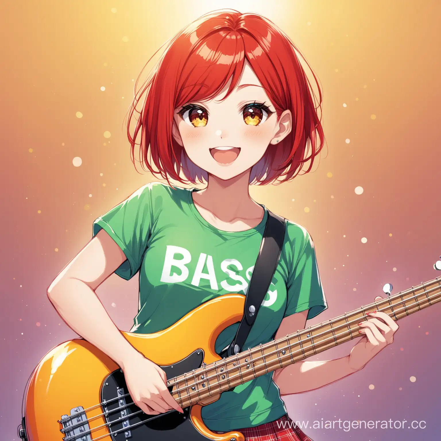 A girl with short red hair. She is wearing a T-shirt with a skirt. She is very cheerful, and also plays bass guitar in a band.