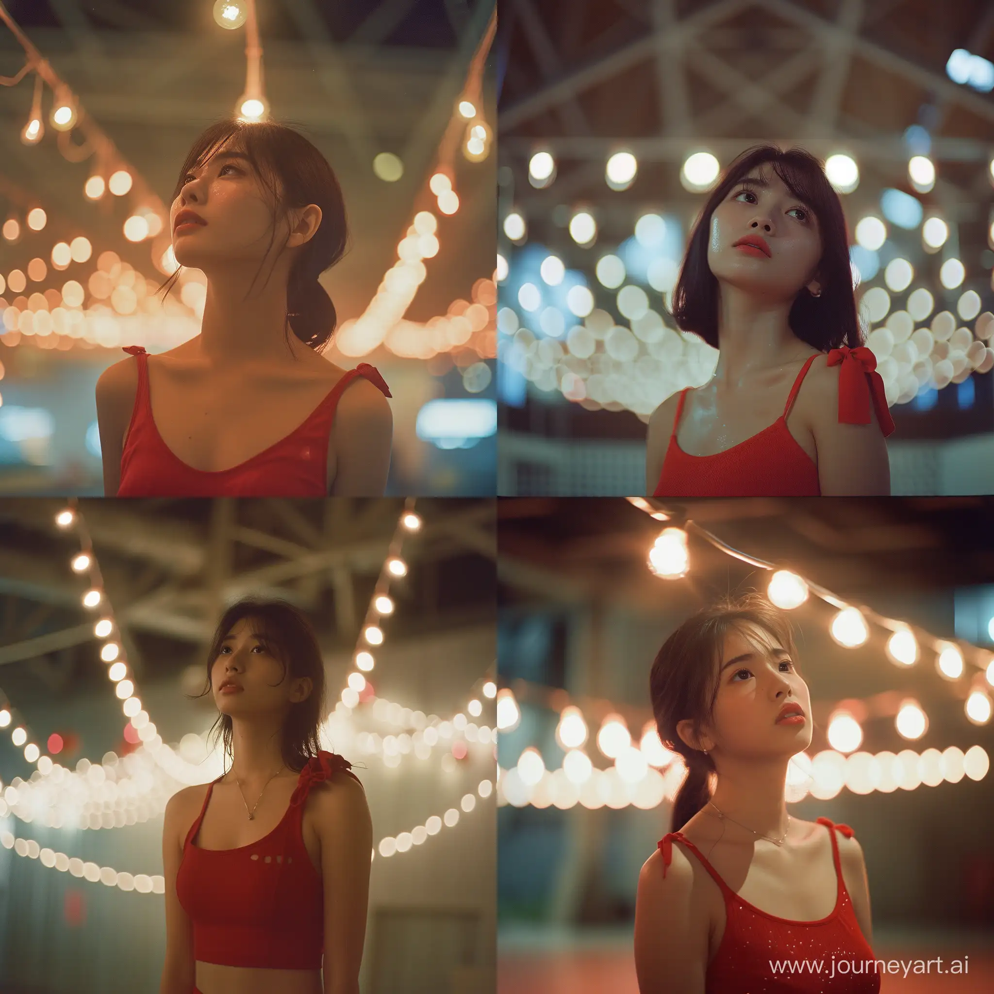 Nostalgic-Valentines-Day-Celebration-Taiwanese-Girl-in-Red-Tank-Top-Under-Exhibition-Hall-Lights