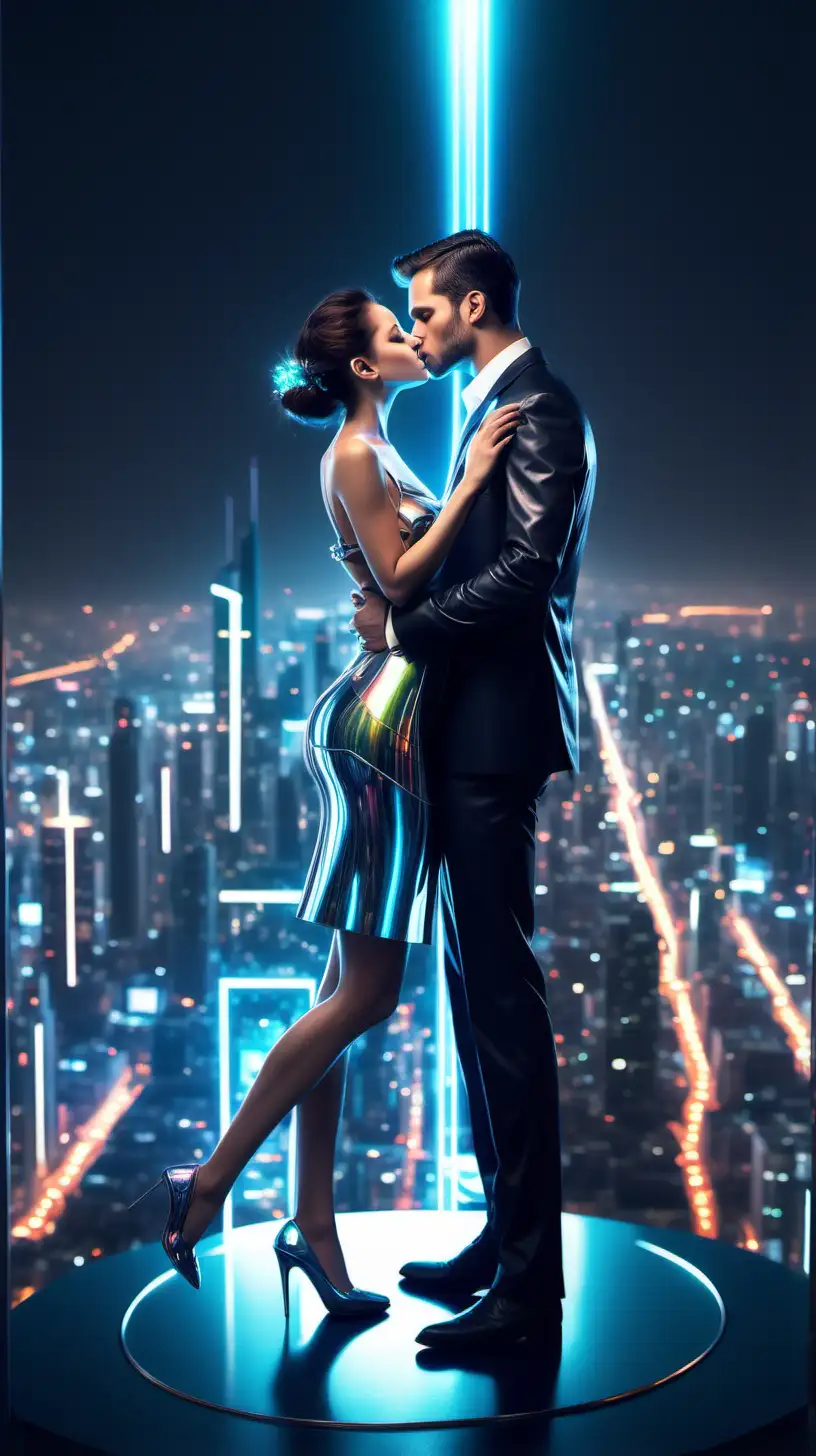 "Imagine you are standing on a futuristic cityscape rooftop at night. The city skyline stretches out before you, filled with neon lights, holographic billboards, and sleek skyscrapers that seem to touch the stars. The air is crisp and carries a hint of a cool breeze.

In the center of this dazzling cityscape, you see a passionate couple sharing a moment under a sprig of mistletoe. The woman, dressed in a modern and chic outfit, stands on her tiptoes, her arms wrapped around the man's neck. Her attire reflects the futuristic fashion trends, with metallic accents and LED accessories that subtly illuminate her look.

The man, equally stylish in his attire, holds her close, one hand gently cradling her face. Their eyes are closed, lost in the intensity of the moment. The soft glow of the holographic billboards casts a warm, ethereal light on their faces, making their kiss even more enchanting.

The mistletoe hangs above them, a symbol of love and holiday cheer, in contrast to the futuristic setting. As they kiss, time seems to stand still, and the world around them fades into the background. It's a passionate and intimate connection amidst the technological marvels of the city.

The breathtaking view of the futuristic cityscape serves as a backdrop, with towering skyscrapers reaching into the starlit sky. The holographic projections and neon lights create a mesmerizing ambiance that adds to the magic of the moment.

As you watch this scene unfold, you can't help but feel the power of love transcending time and place, even in the most advanced and futuristic settings