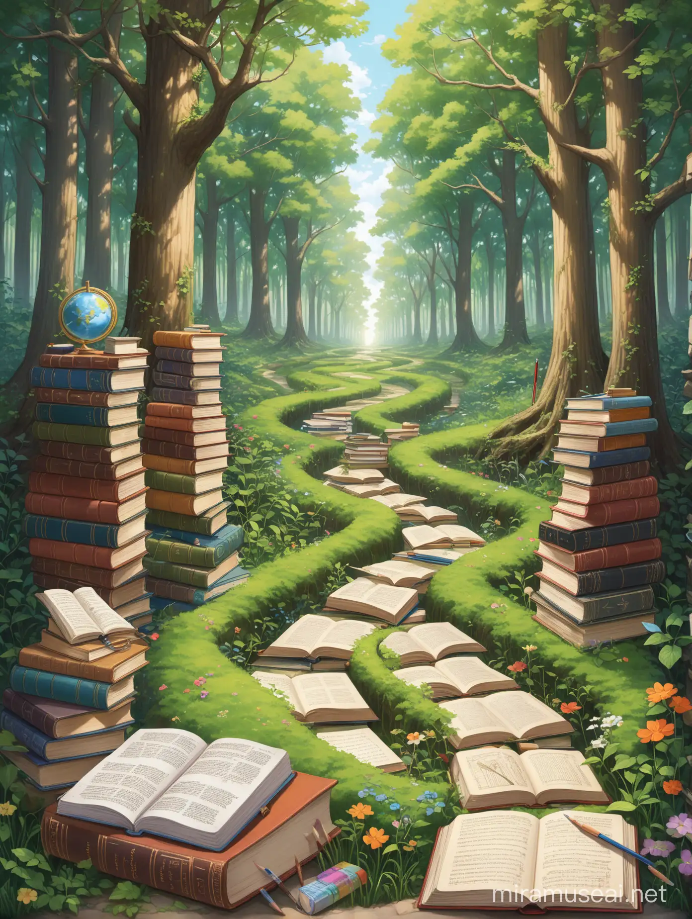 two parallel paths diverging in a forest; one path is well-trodden and straight, there are rigid textbooks and standardized tests, indicative of a system focused on memorization and conformity; the other path is overgrown and winding, is adorned with books, art supplies, and scientific instruments, reflecting a broader, more holistic approach to learning