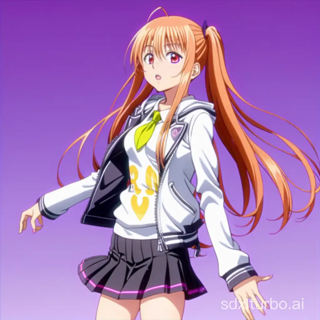 raito:2:3, anime, 1girl, perfect body, orange medium hair, red sad eyes, Light slim body, medium chest, Skirt, jacket, (((to love ru anime lora,  screencap from visualnovel, stand in pose, front view character, upper body view, simple background)))