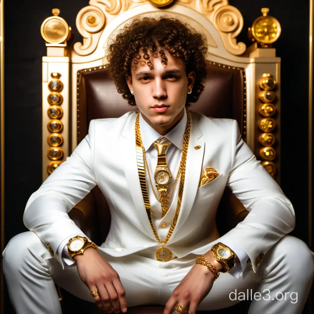 Young Curly Man wearing White elegant suit with expensive golden chains and multiple golden Rolexes. Rich. Looking at camera. Sitting on expensive golden diamond throne