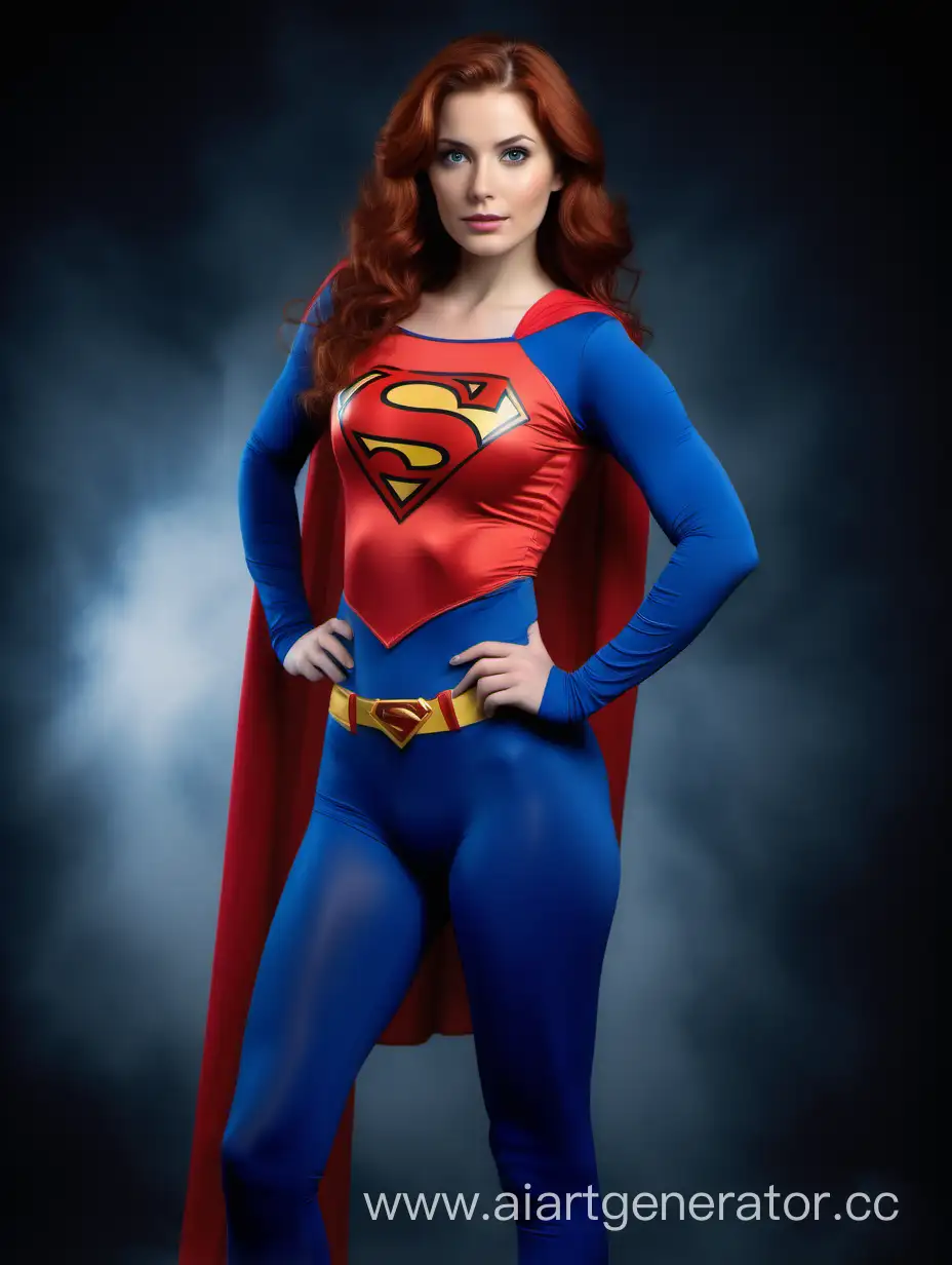 A pretty woman with auburn hair, age 26, She is confident and strong. She is wearing a Superman costume with (blue leggings), (long blue sleeves), red briefs, and a long flowing cape. She is posed like a superhero, strong and powerful. Bright photo studio. Superman The Movie. 