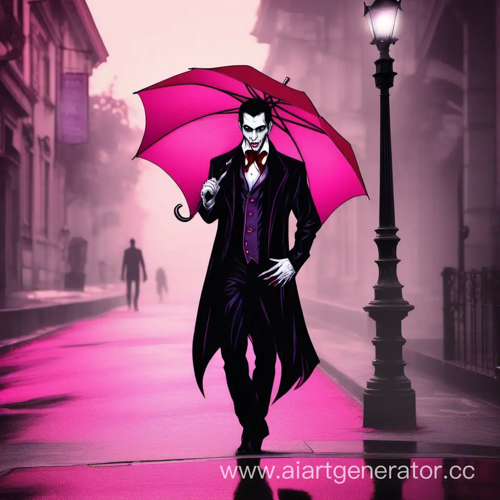 Вампир , гуляющий днем по улице , под розовым зонтиком